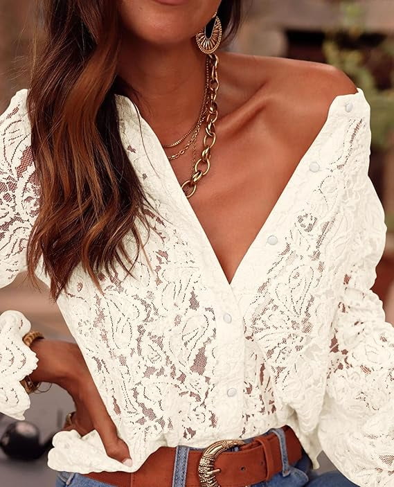 PRETTYGARDEN Women's Lace Blouse Long Sleeve Button Up Shirt Dressy Casual Top (Beige, L) ms9uy