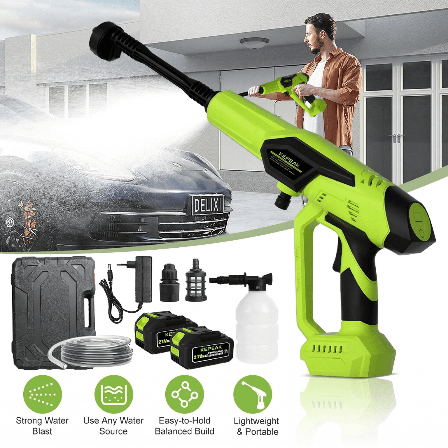 Welan 1450PSI Portable Cordless Pressure Washer, High-Pressure Electric Cleaner with 6-in-1 Nozzle (Black, 1 Battery) pjw05