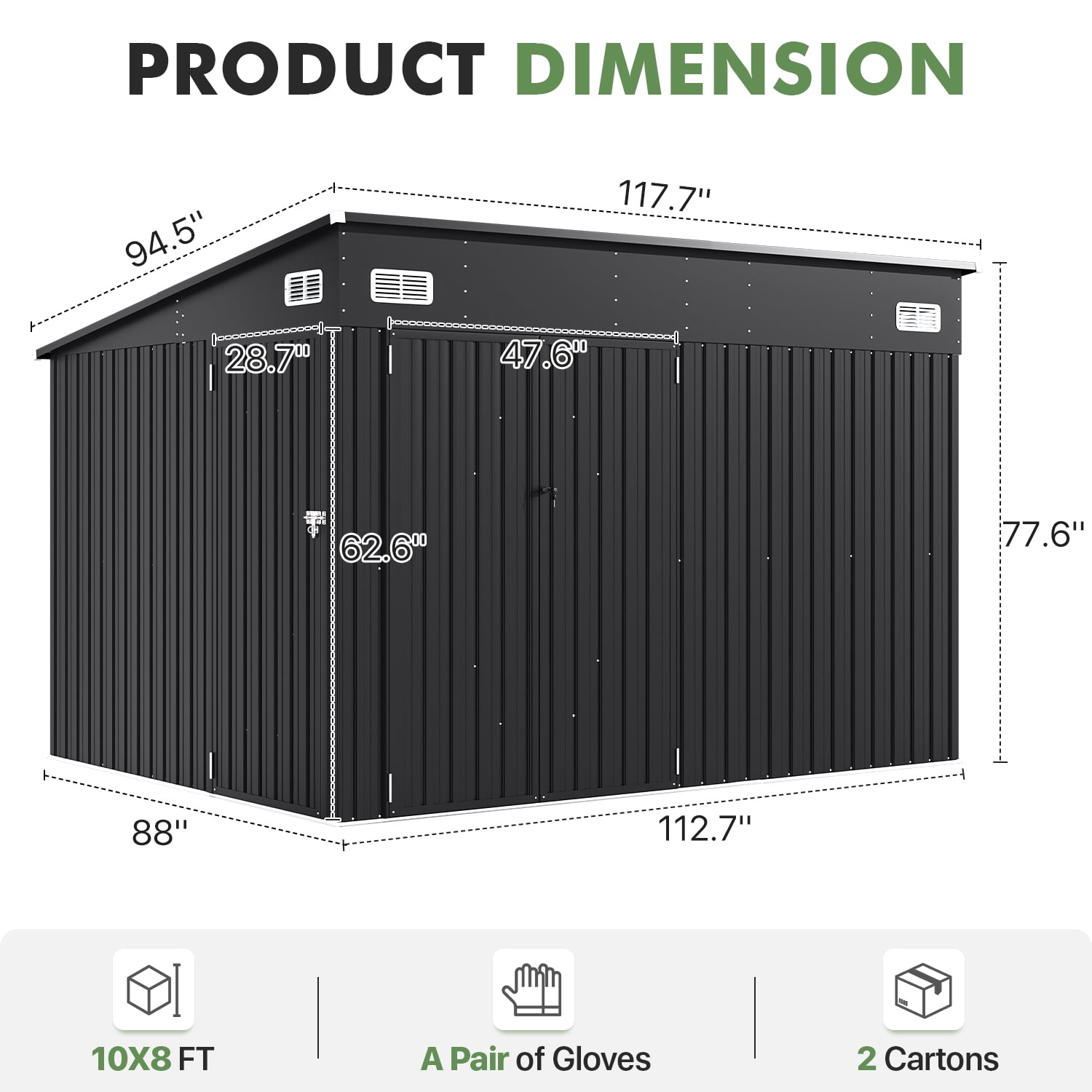CLOUDDWELL Galvanized Steel Storage Shed with Triple Doors (Black, 9.5x7.4 ft) qlxv8