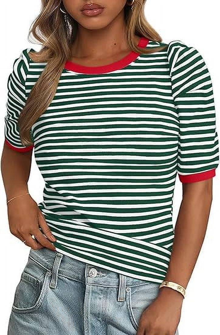 PRETTYGARDEN Women's Summer Puff Sleeve Crop Top Ribbed Knit Color Block Striped Shirt (Green, M) qljkp