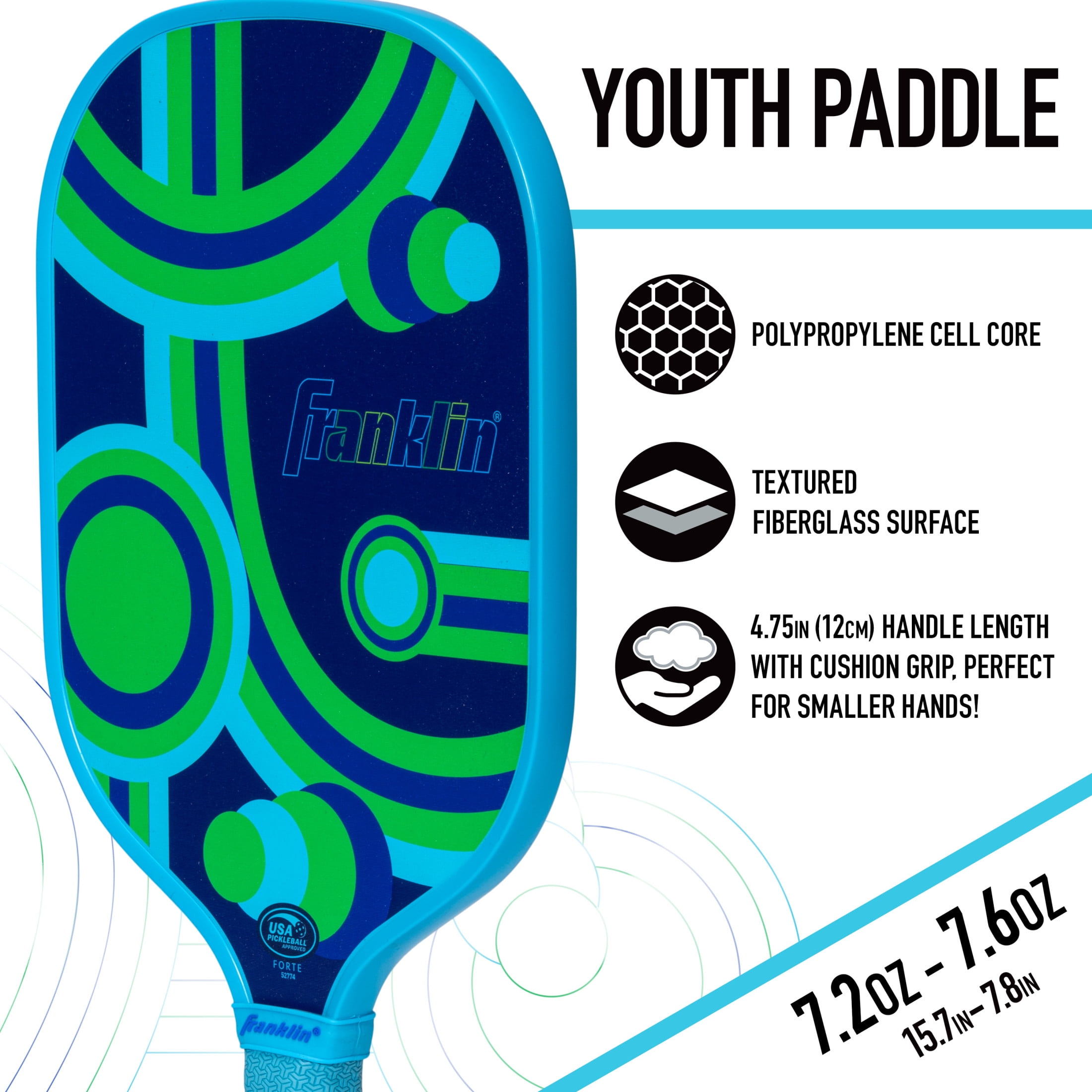 Franklin Sports Kids Pickleball Paddle, Junior Series Lightweight Racket for Youth Players (Blue, 15.7 in x 7.8 in) mfdy0