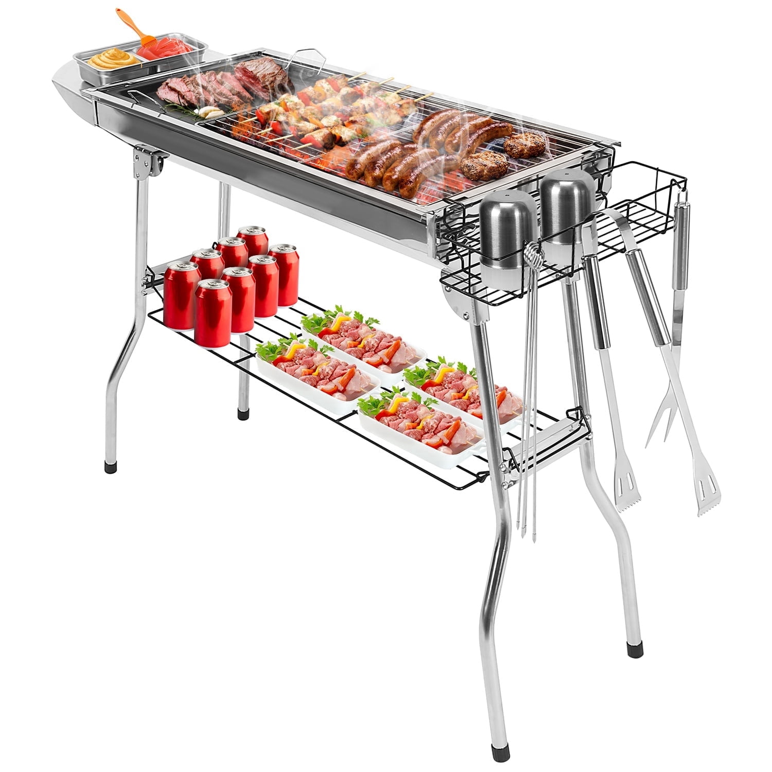 Generic Portable Foldable Charcoal BBQ Grill Stainless Steel Outdoor Cooking Station (Silver, 39 in) svwow