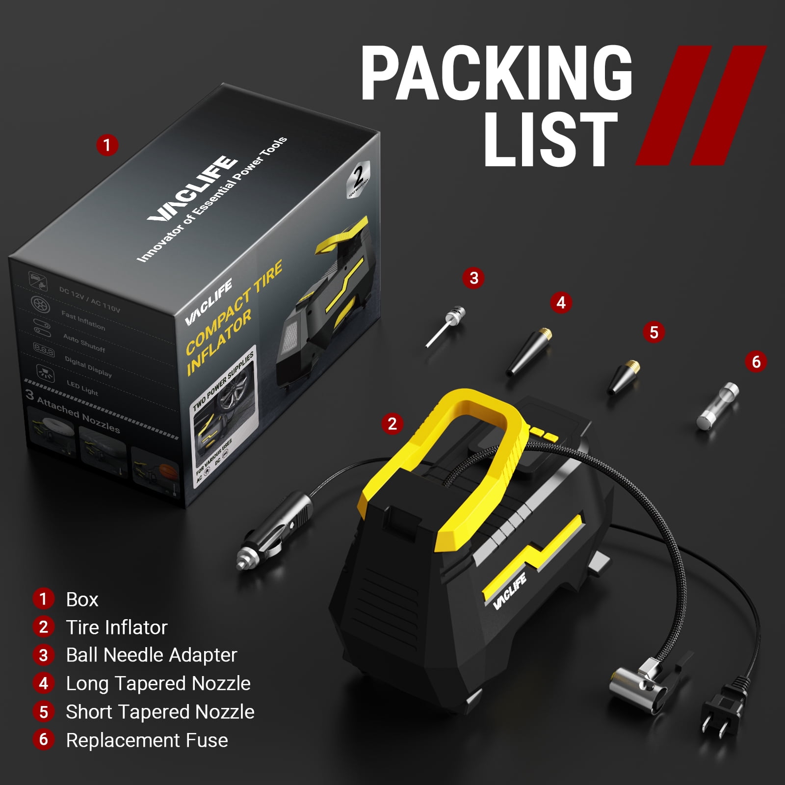 VacLife Portable Tire Inflator Air Compressor (Dual Power 12V DC/110V AC, Digital Display, LED Light, Auto Shut-Off) vpcbm