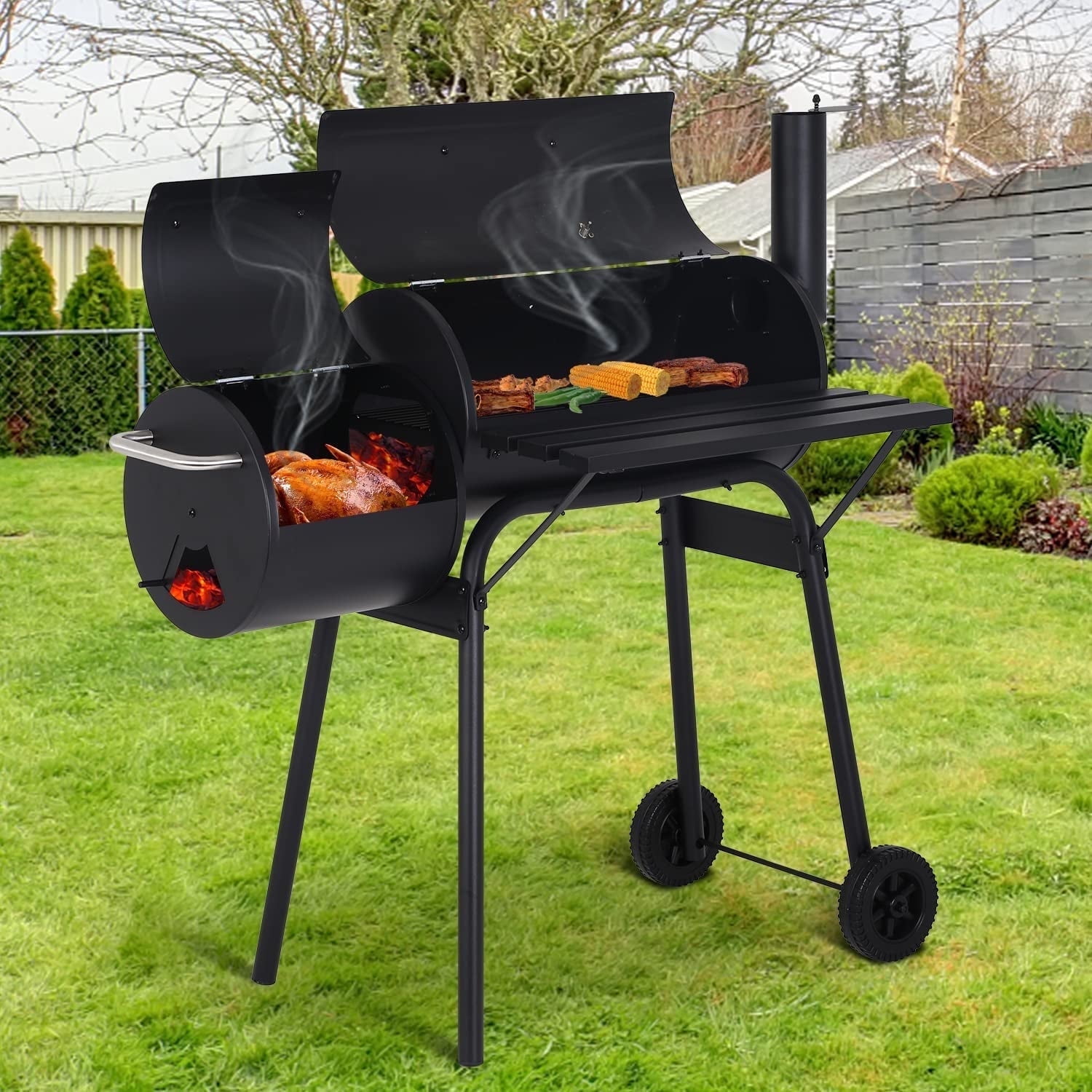 NiamVelo Charcoal Grill Offset Smoker with Cover, Portable Outdoor BBQ Grill for Backyard Camping (Black, 43.3 in x 24 in x 44.5 in) bjag9