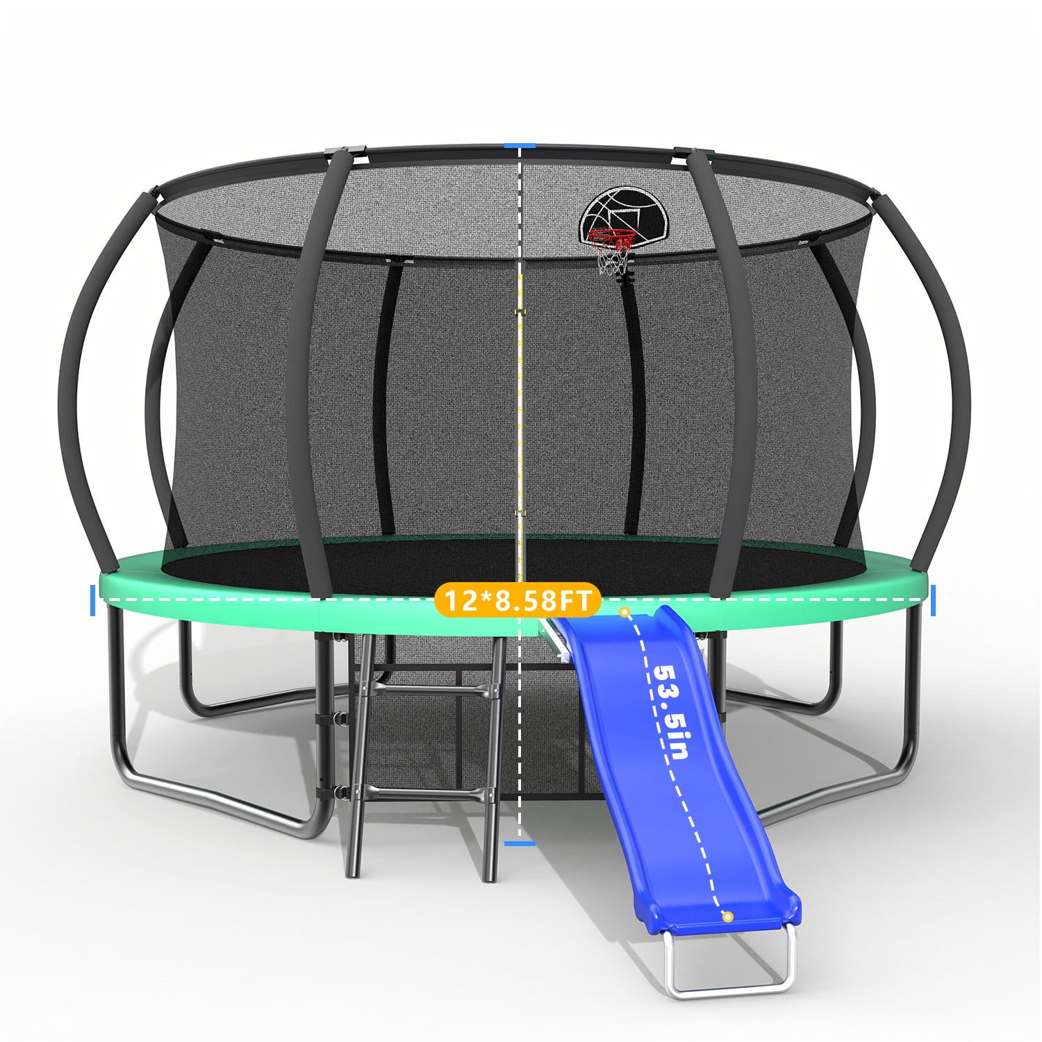 Mersco 12ft Heavy Duty Outdoor Trampoline with Enclosure Net, Slide, and Basketball Hoop (Green, 12 ft) gfnot