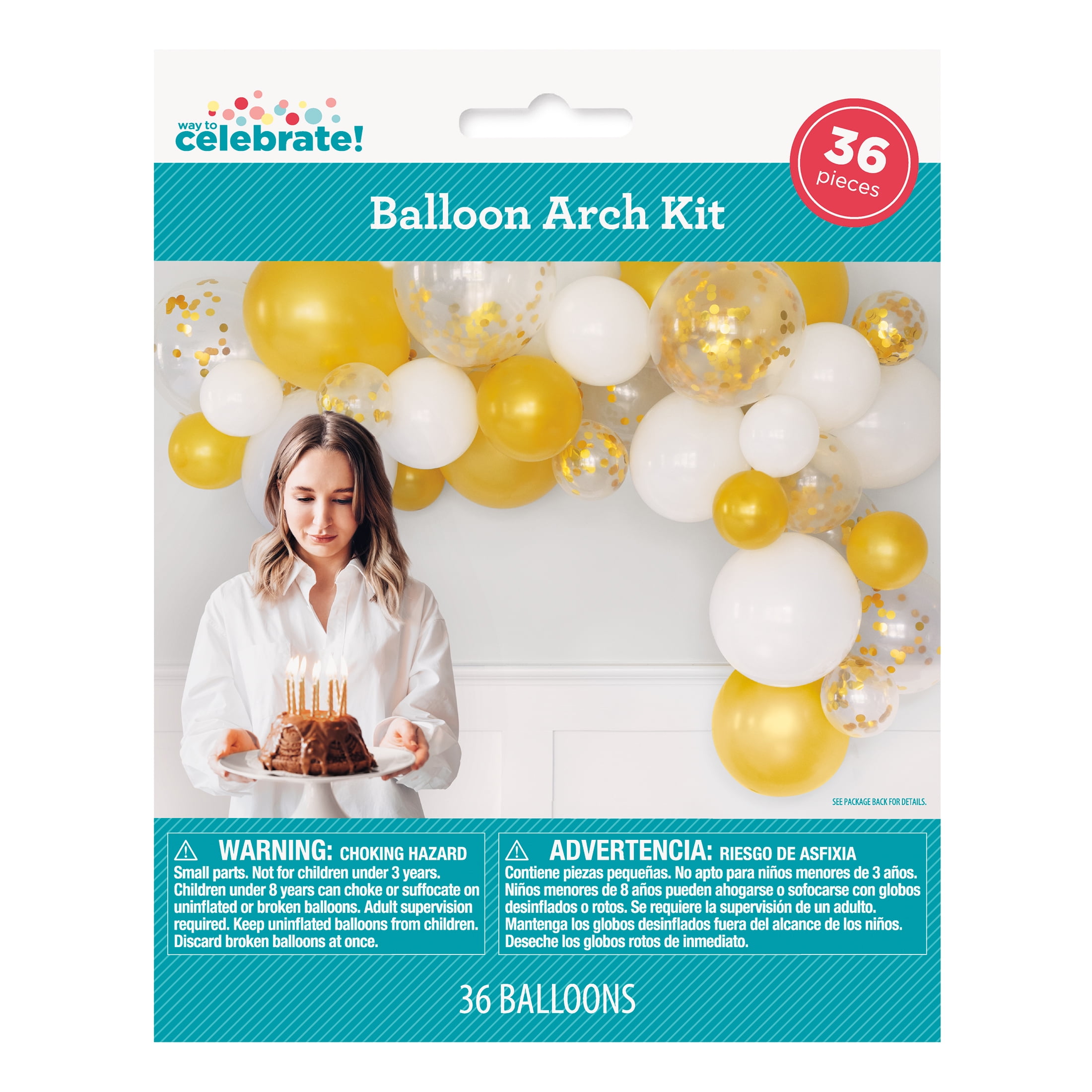 Way To Celebrate Latex Balloon Arch Kit, Decorative Party Garland Set (Gold, White, 36 Pieces) u1n3y