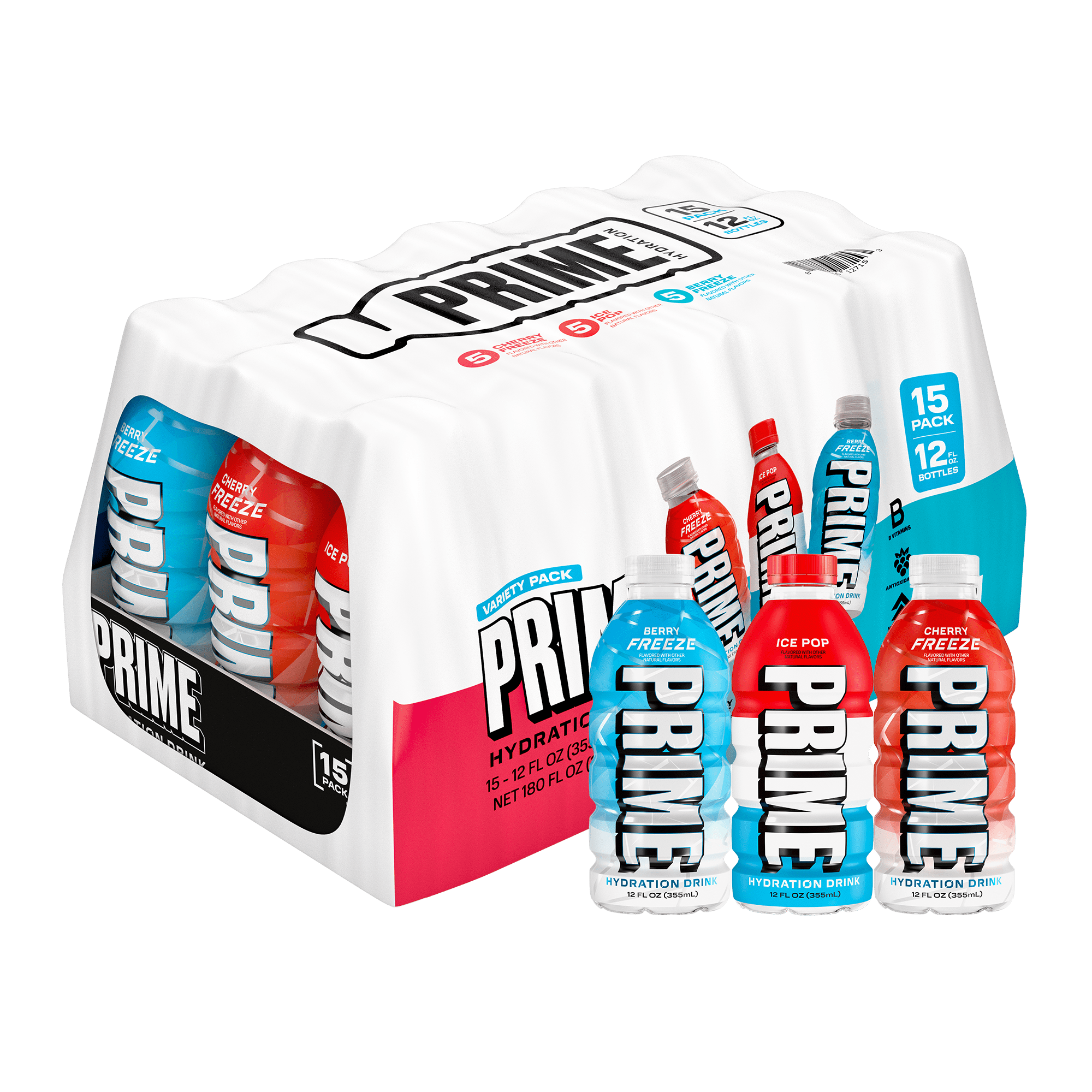 PRIME Hydration Sports Drink Variety Pack, Electrolyte Infused Beverage (Ice Pop, Cherry Freeze, Berry Freeze, 15 Pack, 12 fl oz) zpqk8