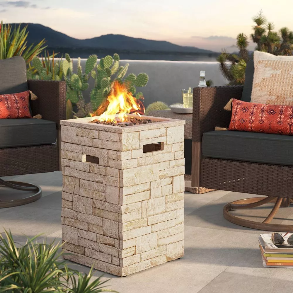 Hampton Bay Stack Stone Liquid Propane Fire Column (Light Brown, 25 in H x 16 in W x 16 in D) rz2q0