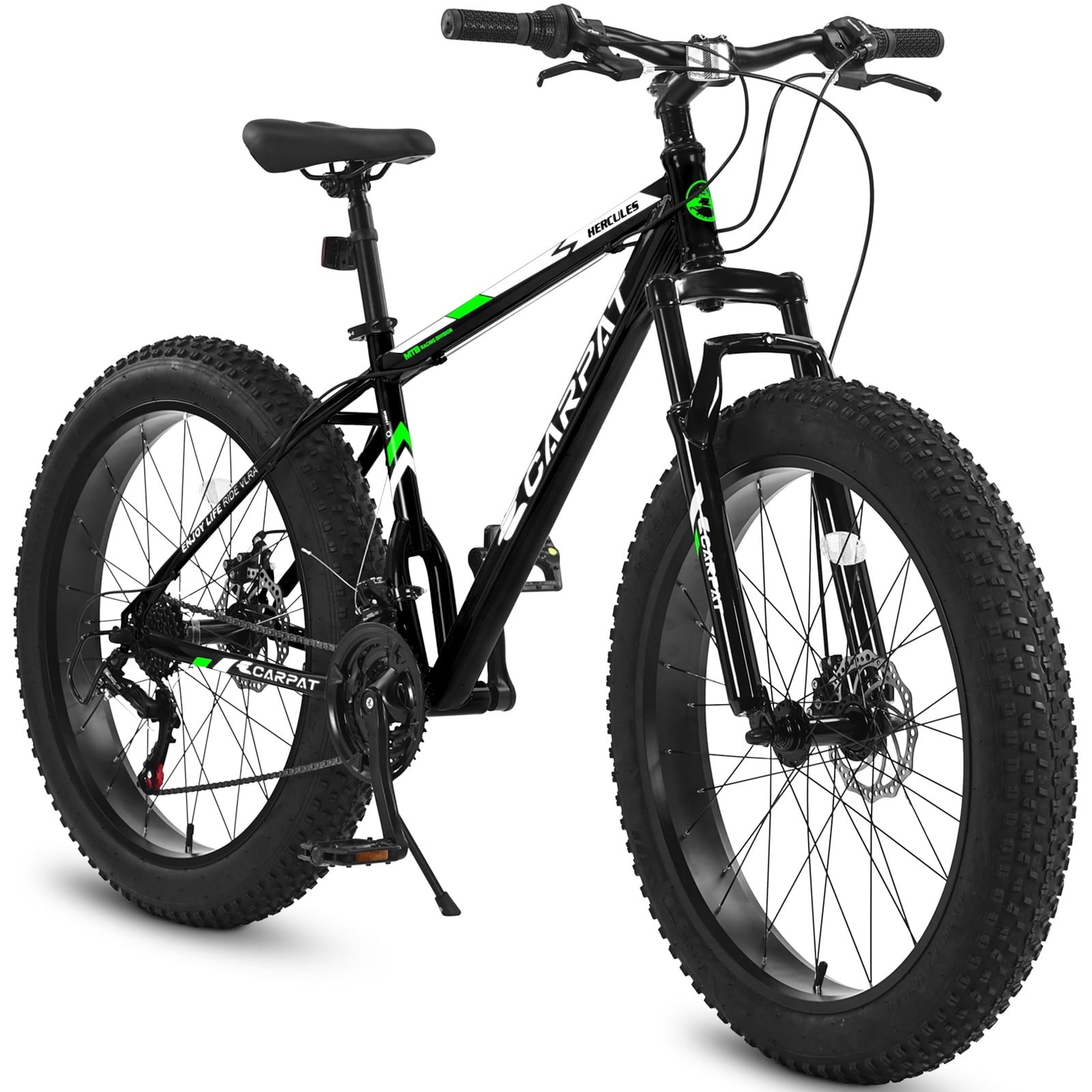 Track 7 26-Inch Fat Tire Mountain Bike, High-Carbon Steel Frame, 21-Speed Shimano Drivetrain, Dual Disc Brakes (Black, 26 in) n7qmk