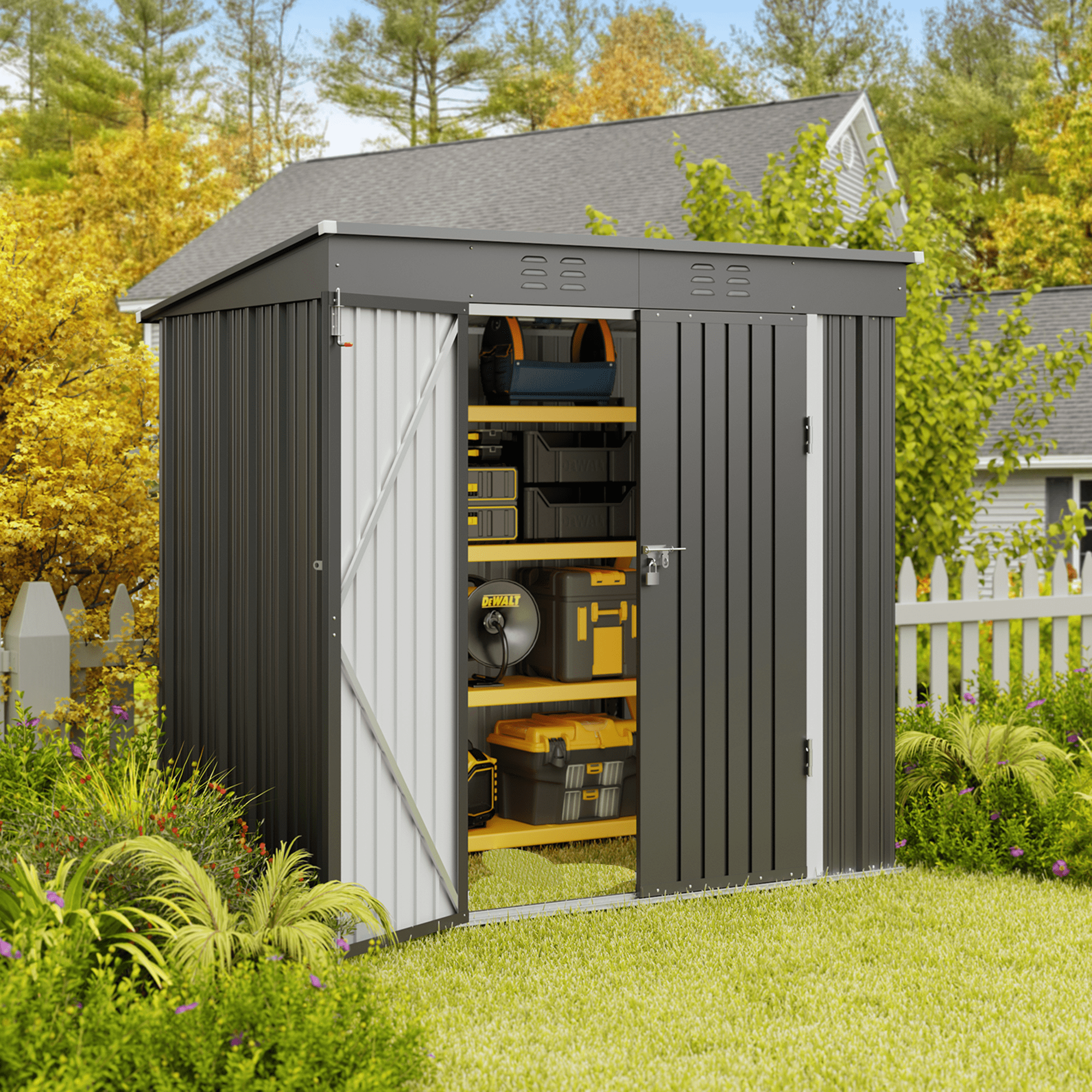 Asofer Outdoor Storage Shed, Heavy-Duty Galvanized Steel Garden Tool House with Lockable Door (Dark Gray, 6 ft x 4 ft) 2vr57