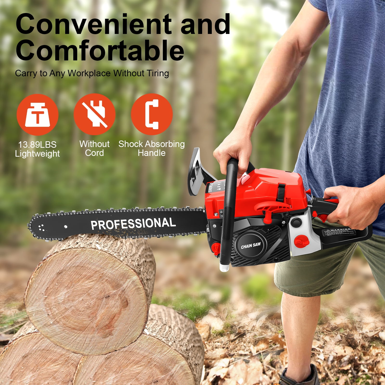 TOOL1SHOoo 58cc 2-Stroke Gasoline Chainsaw with 20 in Bar and Chain Brake (Red, 20 in) ng3mi