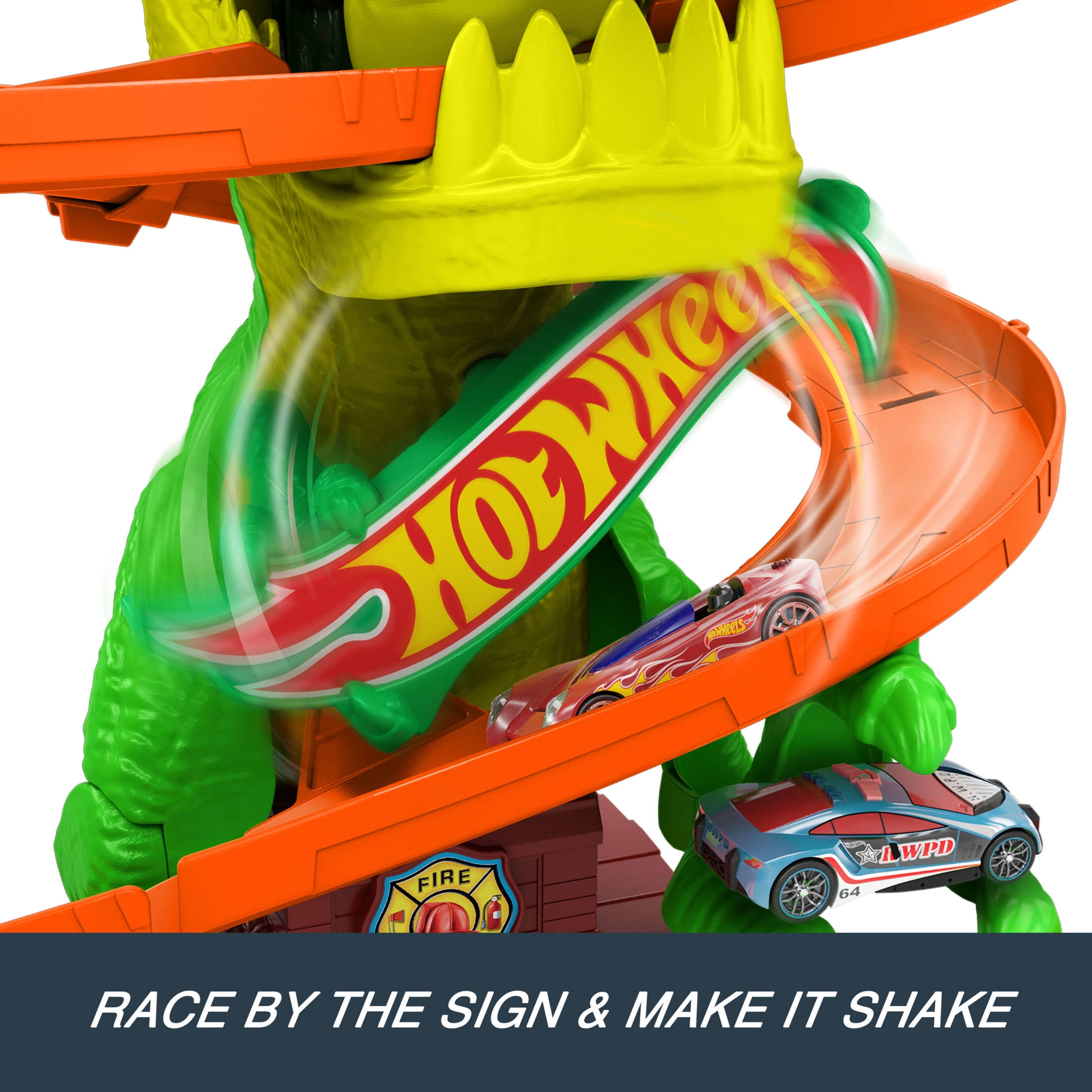 Hot Wheels City T-Rex Blaze Battle Playset with 1:64 Scale Die-Cast Car (Multi-Color, 1 Set) go041