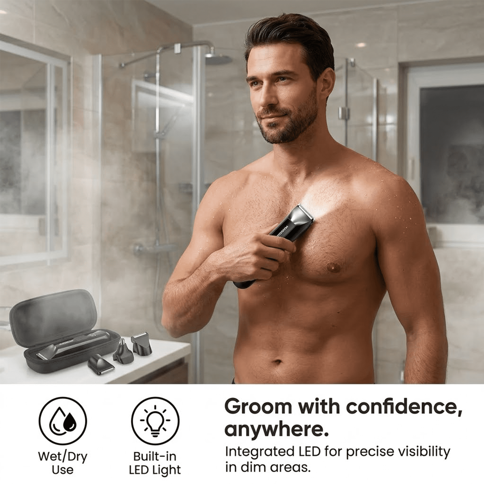 MAXGROOM 3-in-1 Electric Body Hair Trimmer for Men, Waterproof Groin & Ball Shaver with LED Light (Black, 1-Pack) cw9dw