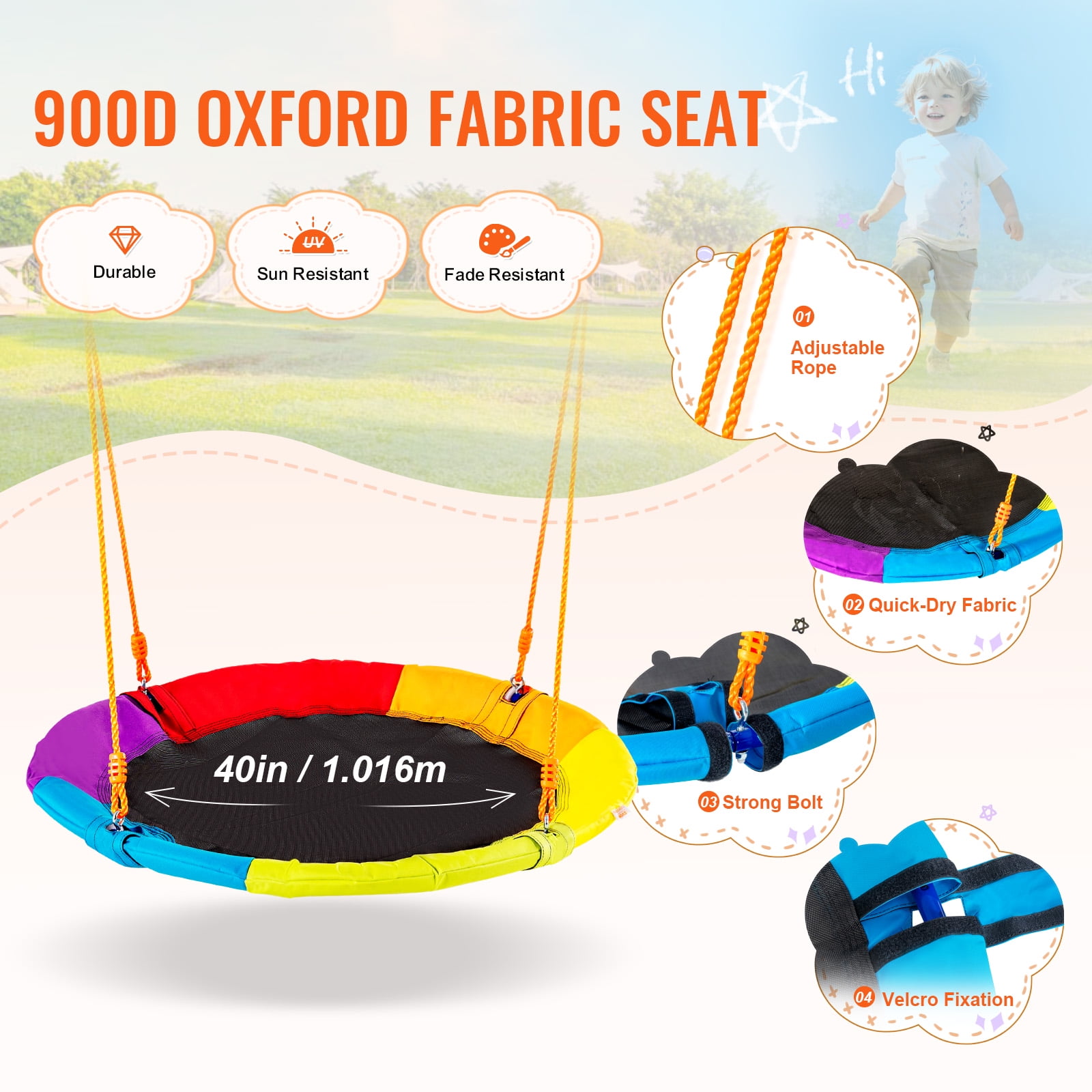 KFFKFF Outdoor Swing Set, Heavy-Duty A-Frame Metal Stand with 40 in Circular Seat, Adjustable Cord (Orange, 440 lb) 1ynm2