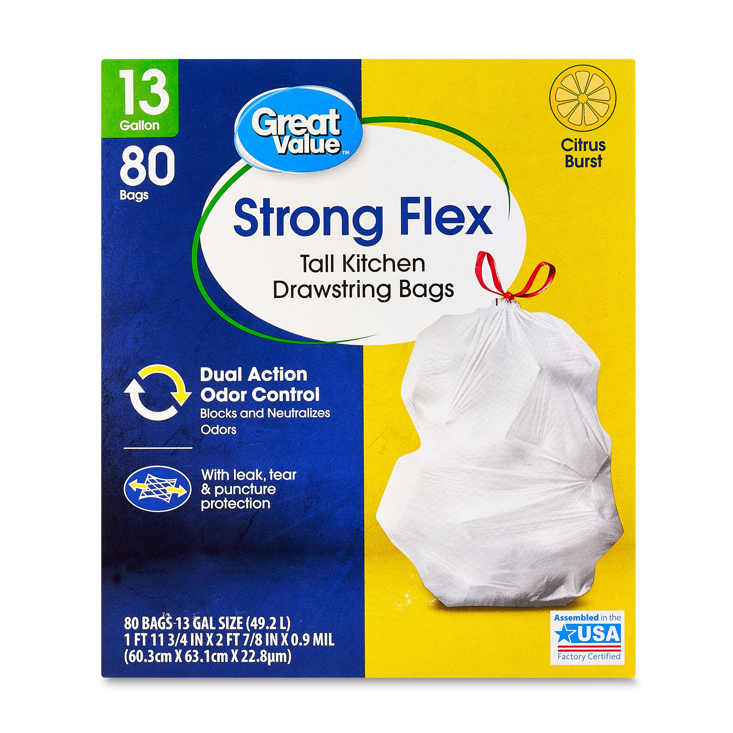 Great Value Strong Flex Tall Kitchen Trash Bags, Citrus Burst Scented Drawstring (13 Gallon, 80 Count) uu7wq