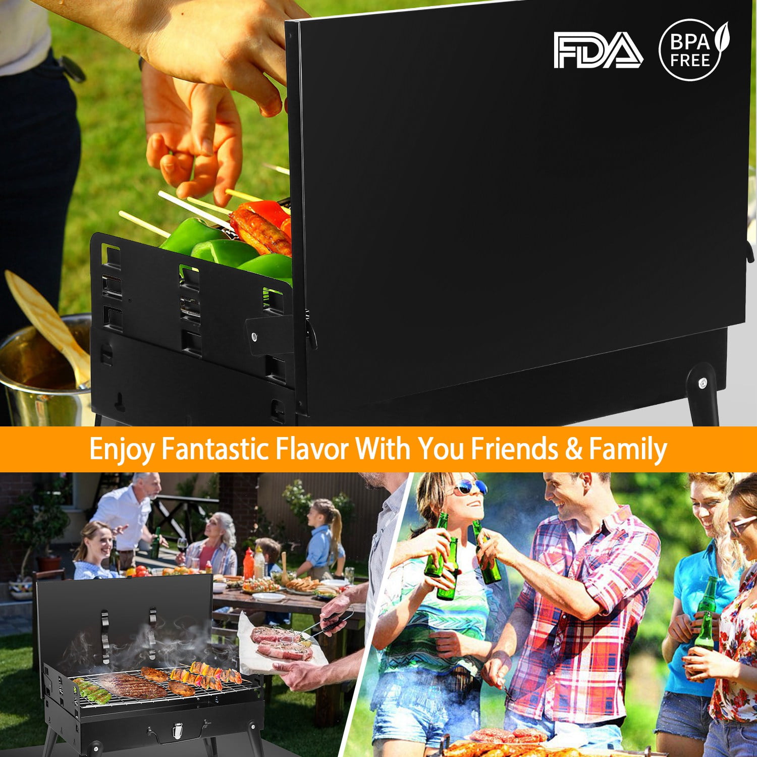 TeqHome Portable Charcoal Grill Foldable Tabletop BBQ for Camping Picnic (Black, 16.7x10x17.7 in) 2c8un