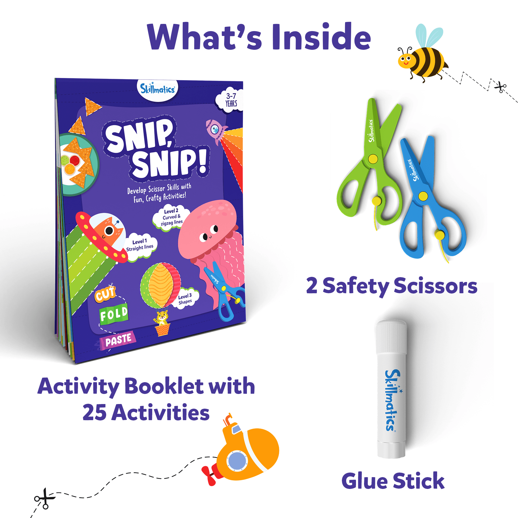 Skillmatics Snip, Snip! Scissor Skills Activity Book and Craft Kit (25 Activities, 2 Child-Safe Scissors, 1 Glue Stick) fiqiy