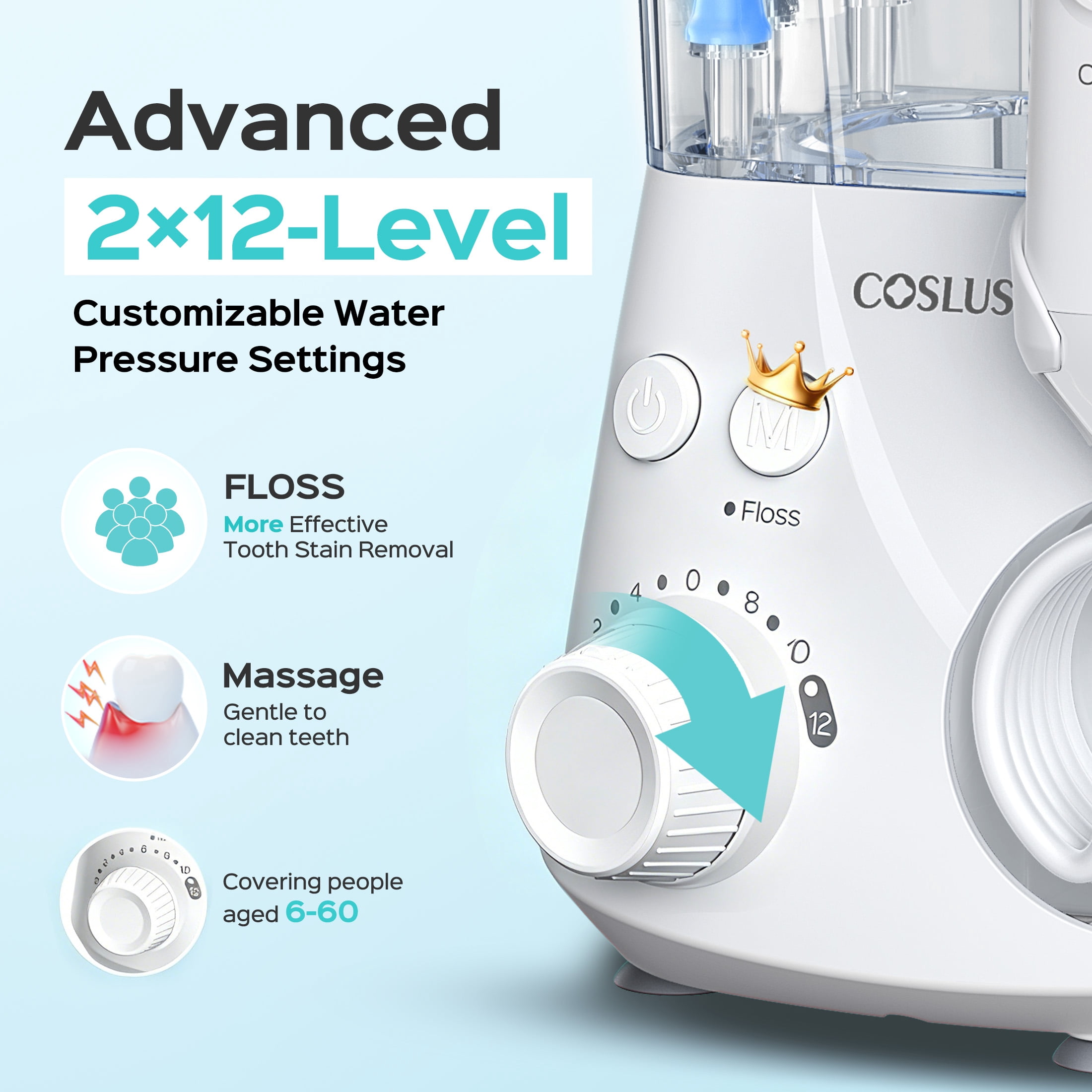 COSLUS EX2 Water Flosser for Teeth, Professional Dental Oral Irrigator with 12 Pressure Settings (White, 20.3 fl oz) ok26h
