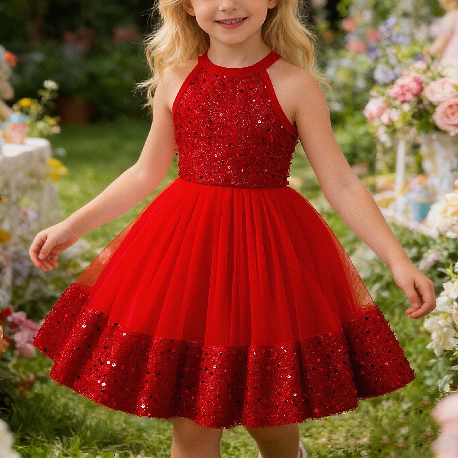Gelikeya Girls Sequin Sparkly Tutu Dress Sleeveless Party Outfit (Red, 4-5 Years) u3ymr