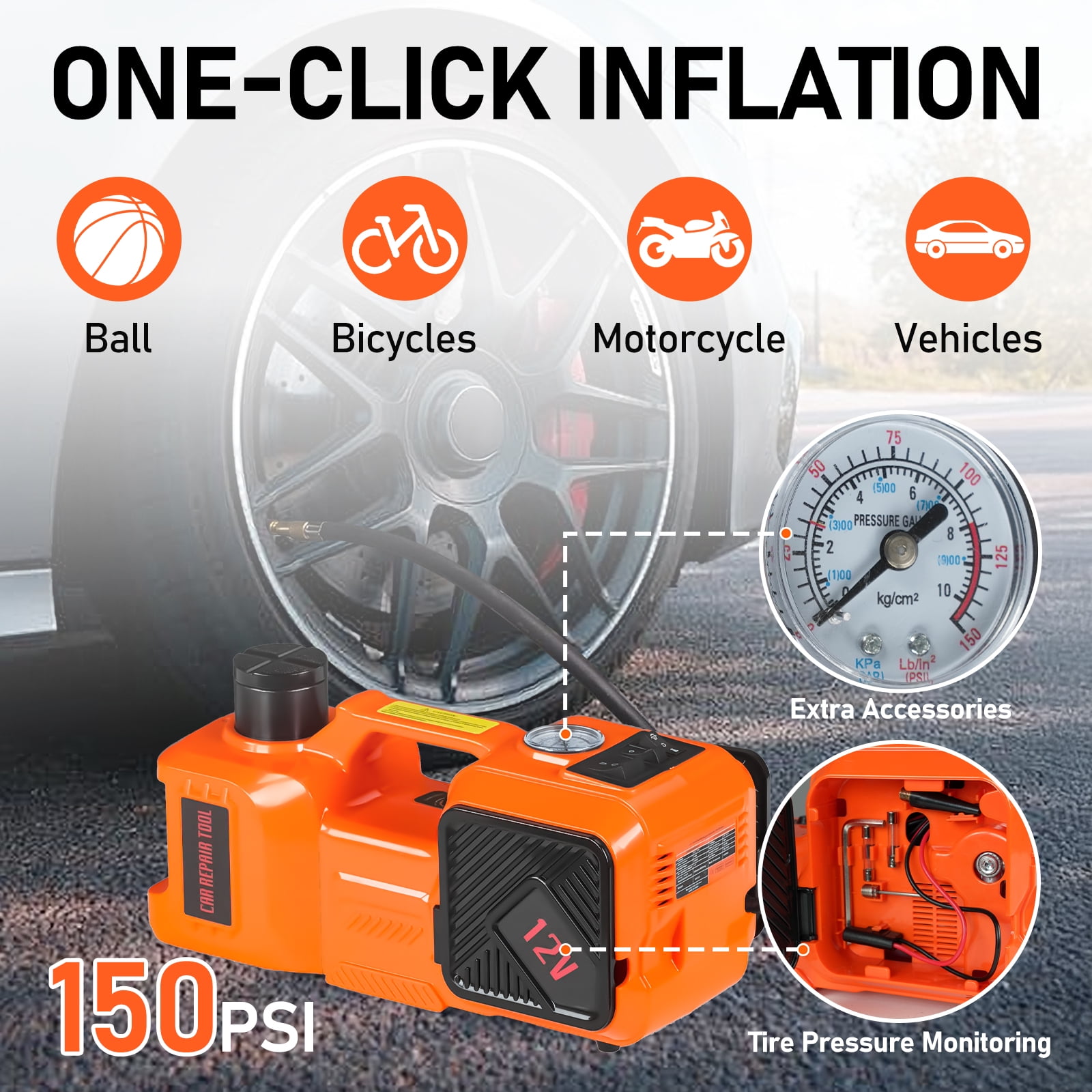 Ktaxon Electric Hydraulic Car Jack Kit, 5 Ton Lift Capacity with Impact Wrench, Tire Inflator, and LED Light (Red, 11023 lb) 7v44g
