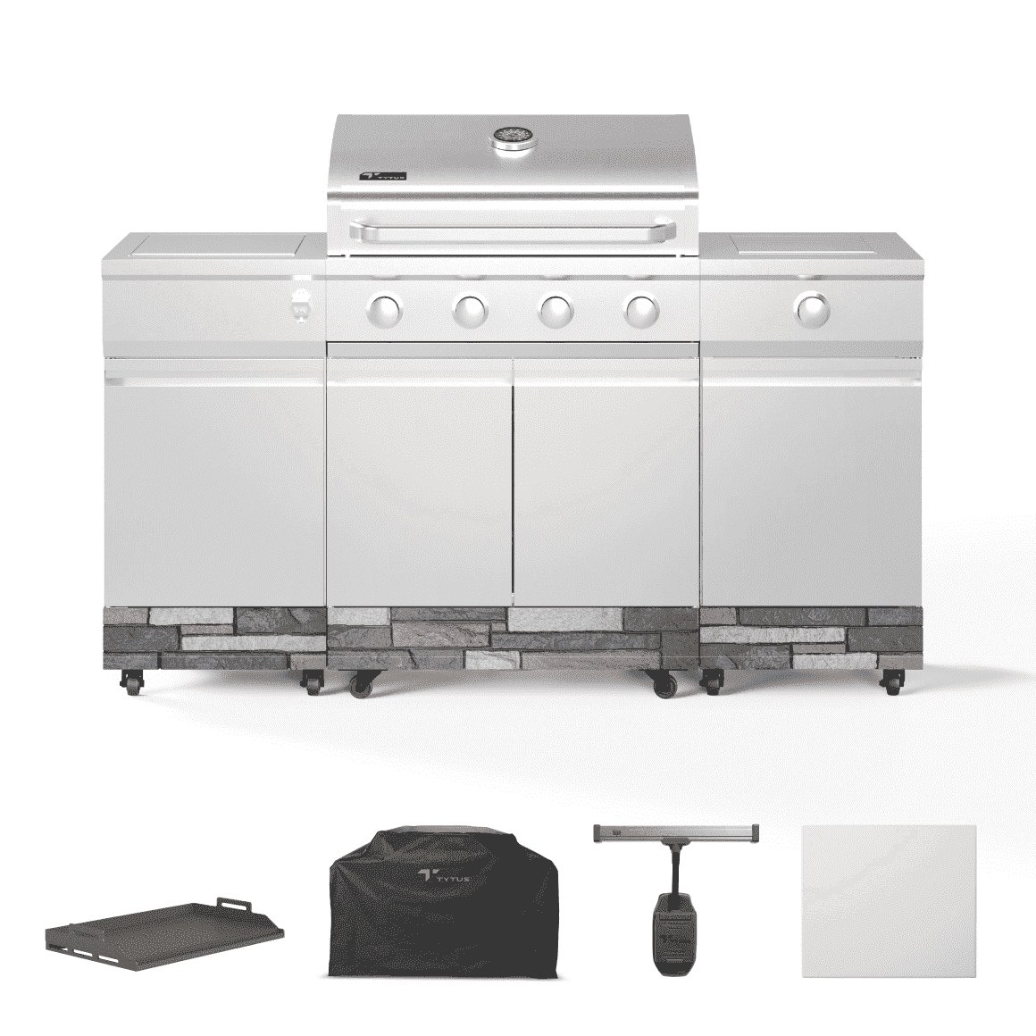 TYTUS Fresno 4-Burner Gas Grill Island Set with Cover, Griddle, Light, and Pizza Stone (Stainless Steel) q0xse