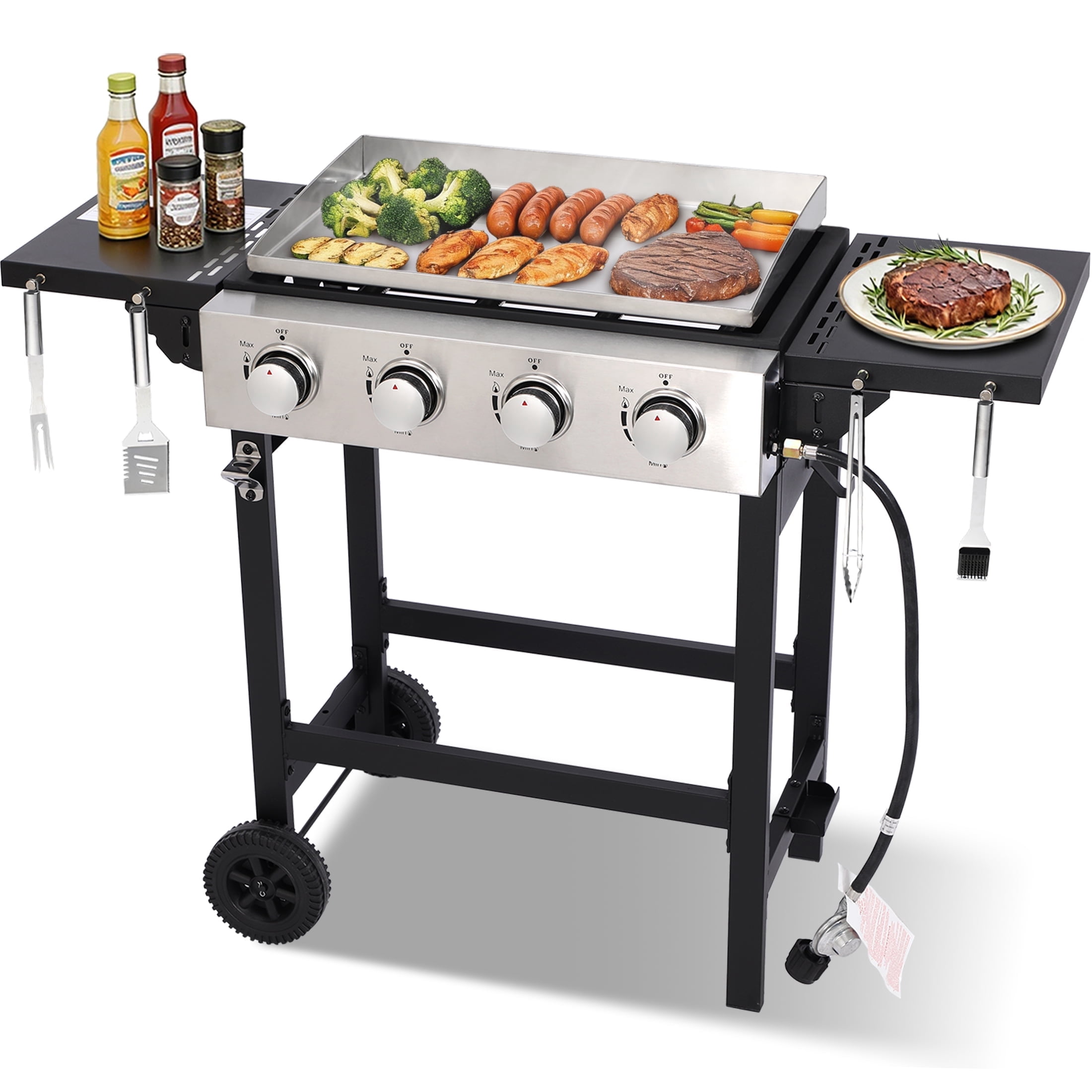 Garden It 4-Burner Propane Flat Top Gas Grill, Outdoor Griddle with Stainless Steel Pan and Side Shelves (Black, 40000 BTU) hflsn