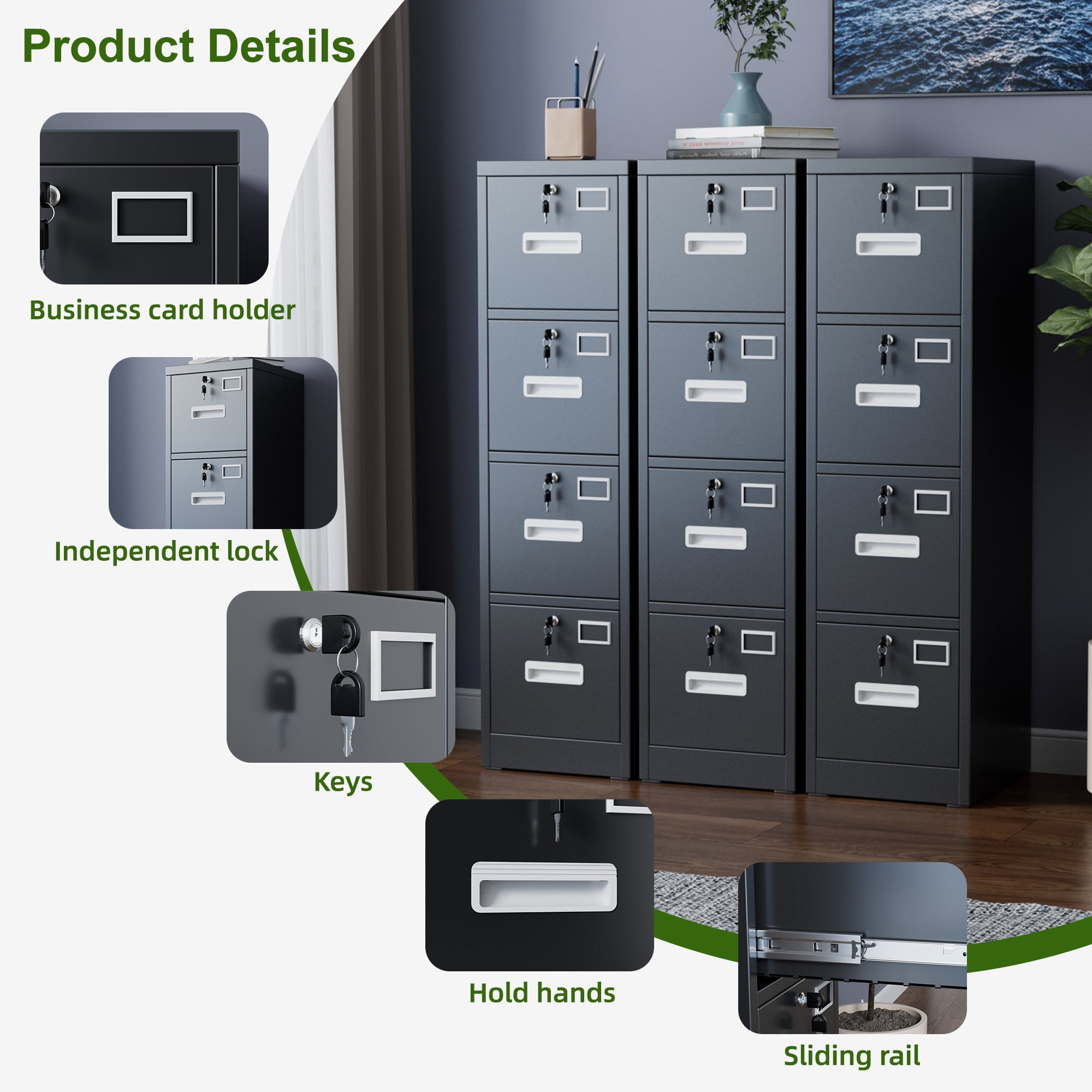 HUAXRON 4-Drawer Vertical File Cabinet with Individual Locks and Hanging Folder Rails (Black) hvun2