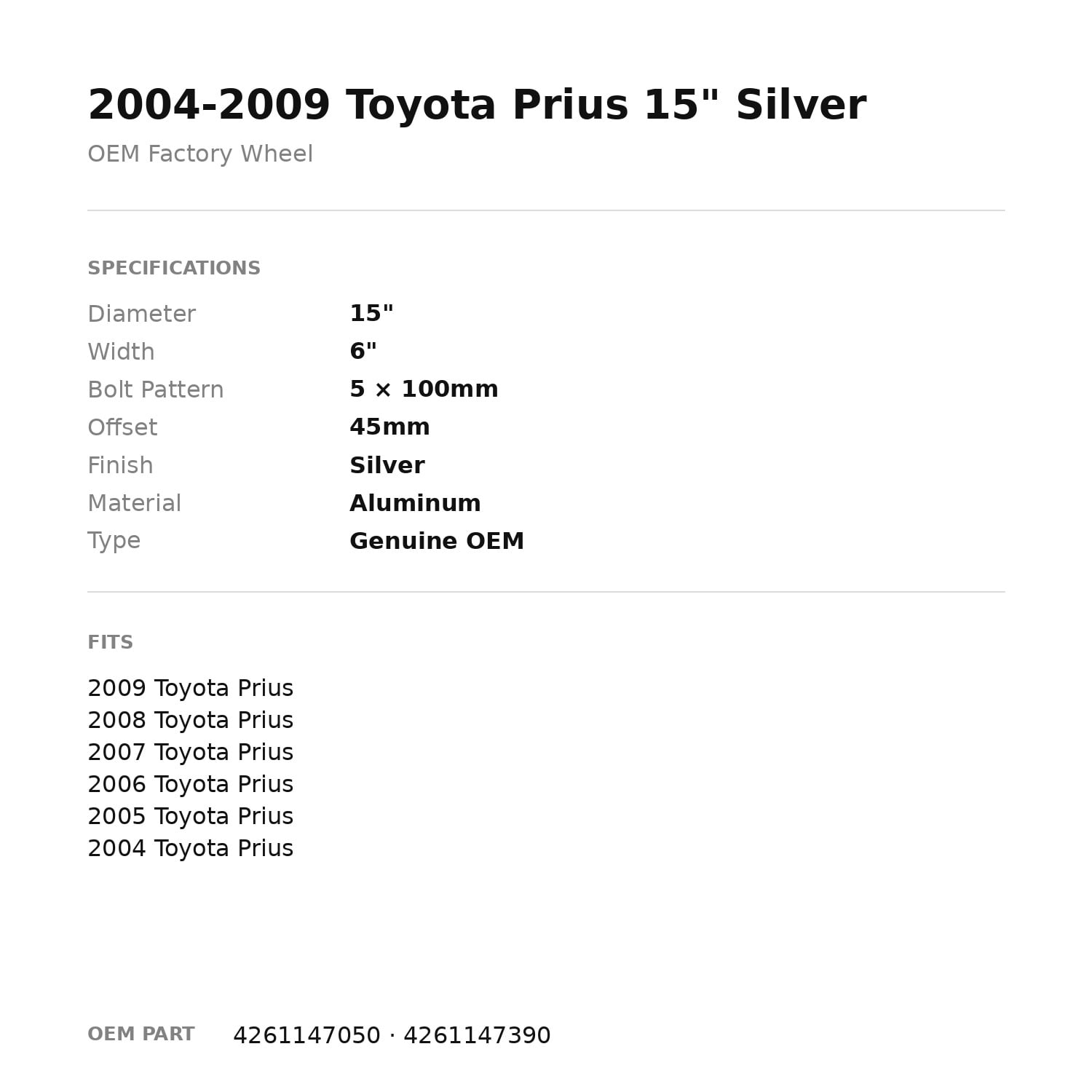 Factory Wheel Warehouse Toyota Prius Replacement Wheel Rim (Silver, 15 in) fzc38