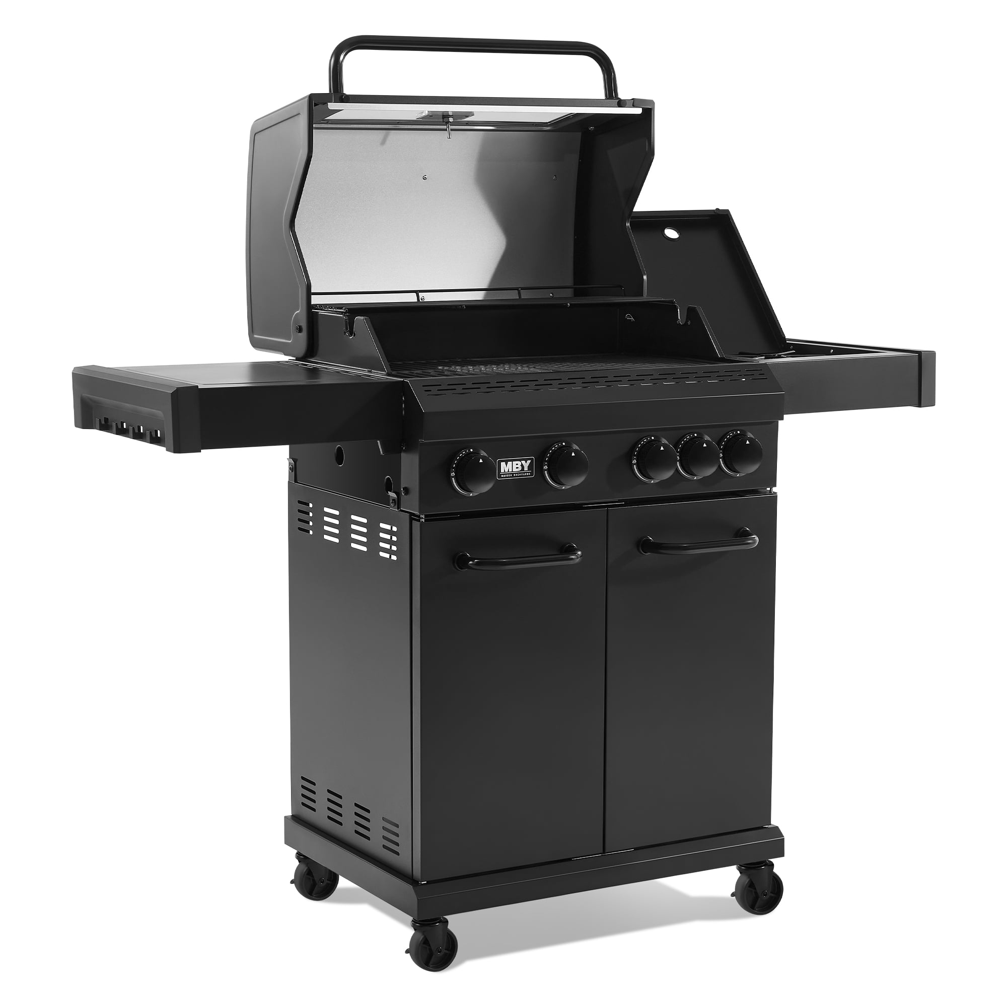 MAISON BACKYARDS 4-Burner Propane Gas Grill with Side Burner, 50,000 BTU Outdoor BBQ Grill with Cast Iron Grates and Griddle (Black, 480 sq. in.) b9ijy