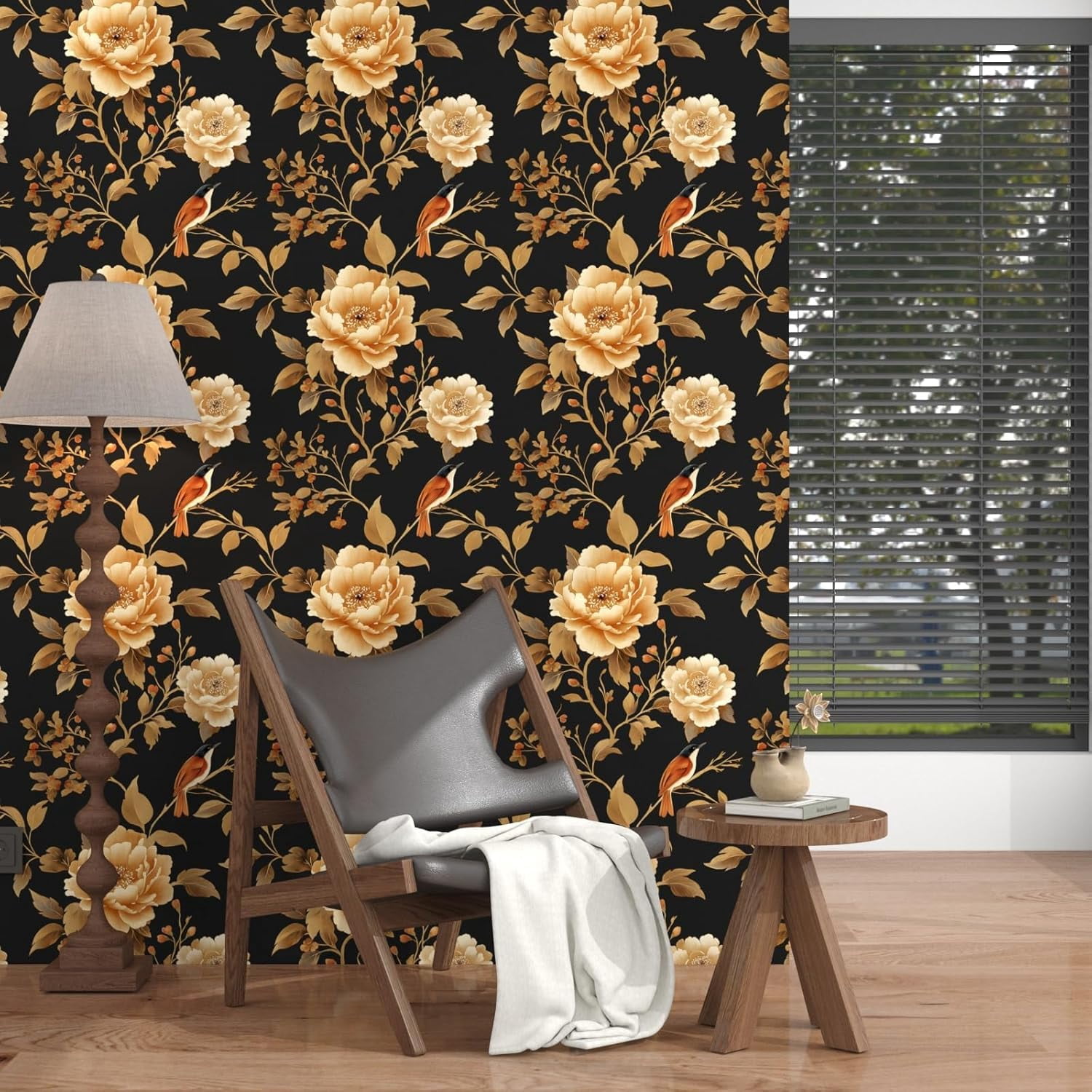 Usachibb Vintage Floral Bird Wallpaper Peel and Stick Boho Wall Mural (Black/Gold, 17.5 in x 118 in) av4xl