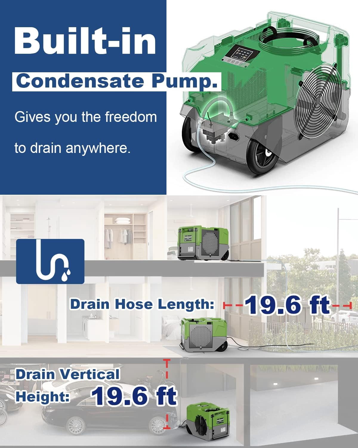AlorAir LGR Commercial Dehumidifier with Built-in Pump, High-Capacity Industrial Moisture Removal for Water Damage Restoration (Green, 3000 Sq. Ft.) hf58f