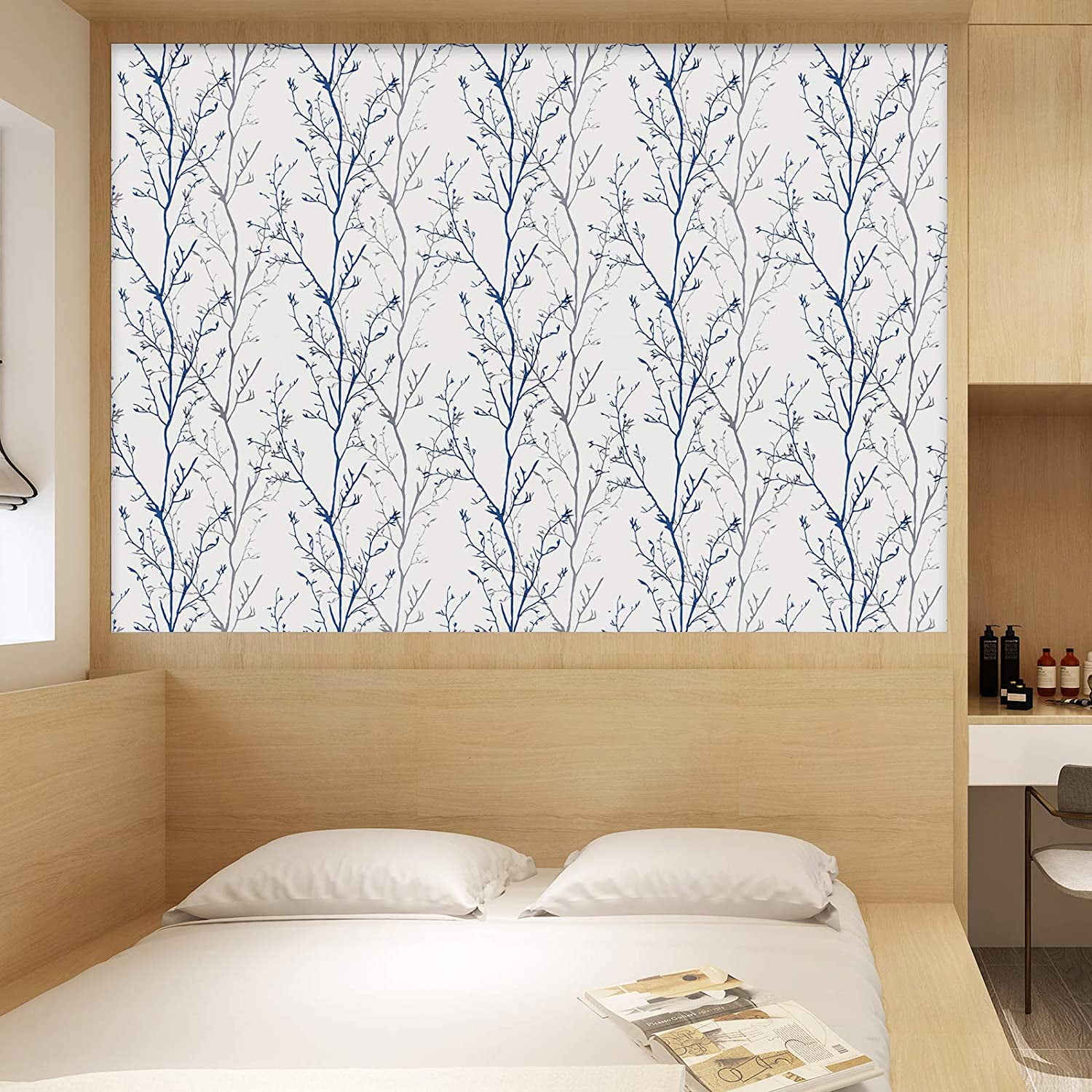 Caltero Peel and Stick Wallpaper, Grey Blue Tree Branch Self-Adhesive Decorative Wall Covering (17.7 in x 118 in) d7ze7