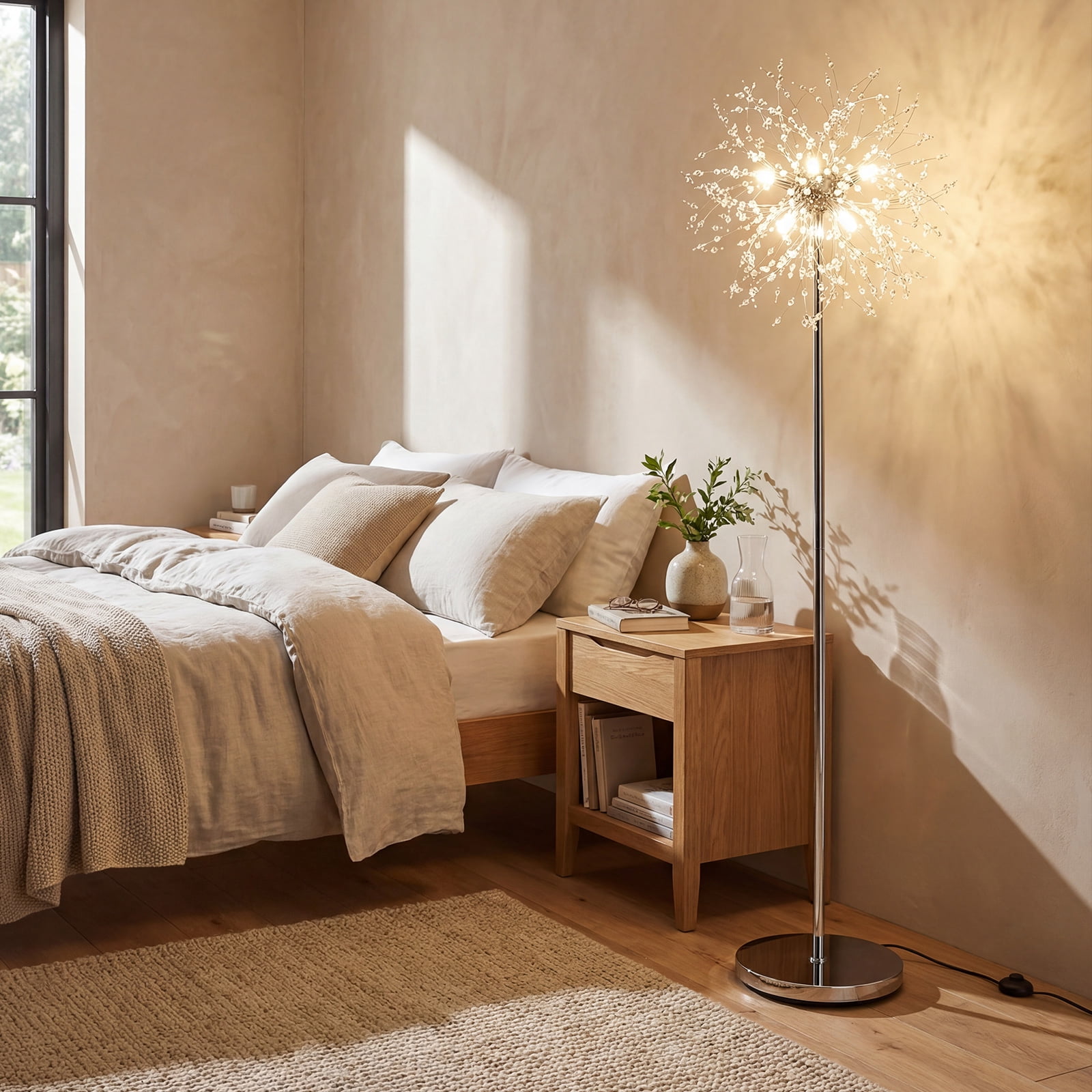 Gymax Crystal Floor Lamp Dandelion Style Standing Light with Foot Switch (Silver, 63 in) 9vs9v
