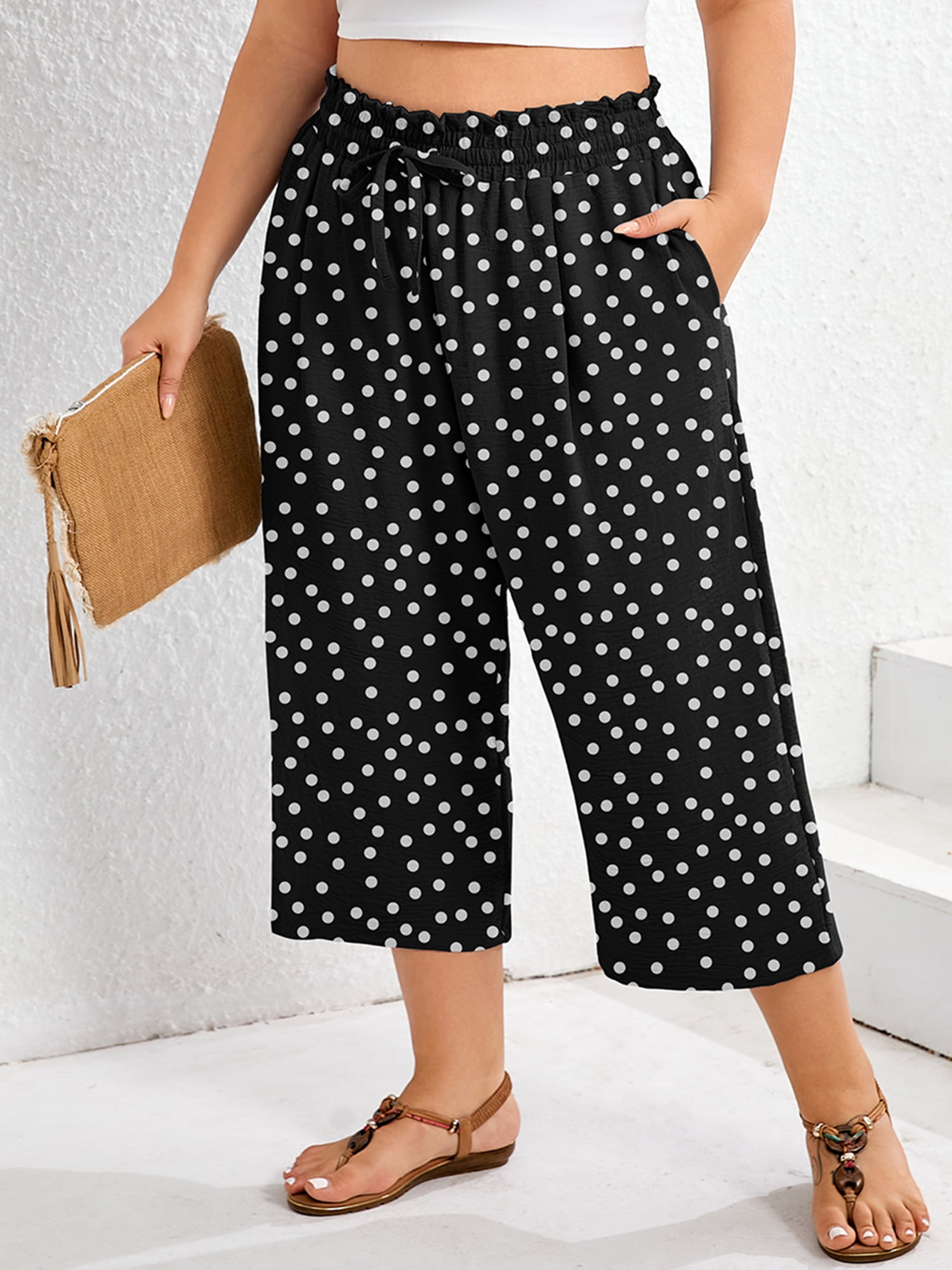 Showmall Women's Plus Size High Waisted Cropped Pants with Pockets (Black, 4X) zix8b