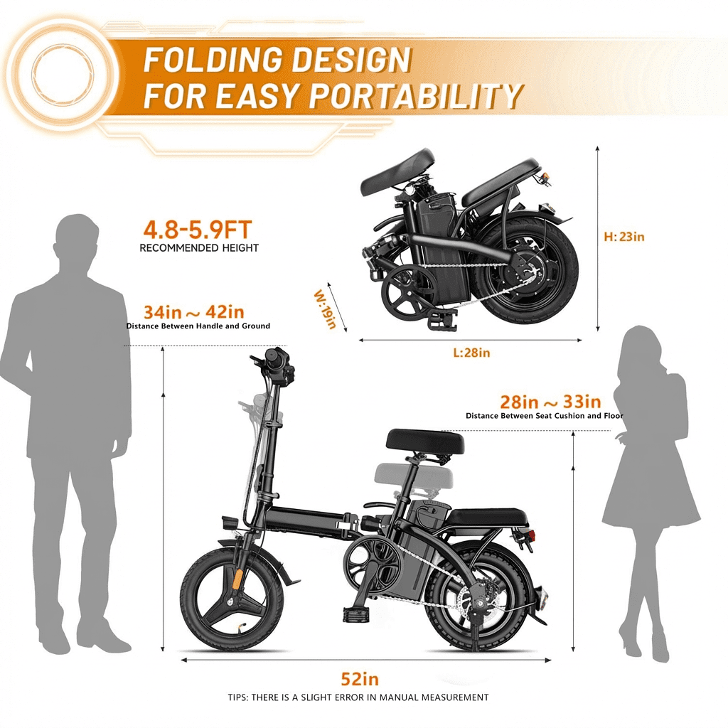 XLNEFNZ Electric Folding Bike for Adults and Teens, 500W Motor Commuter Ebike with Removable Battery (Black, 14 in) ntqfx