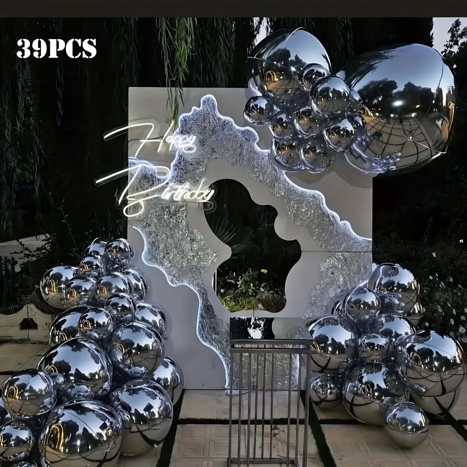 ChanraingYee 4D Round Mirror Foil Balloons, Metallic Silver Mylar Party Decorations (39-Piece Set, 15 in to 32 in) 12zvi