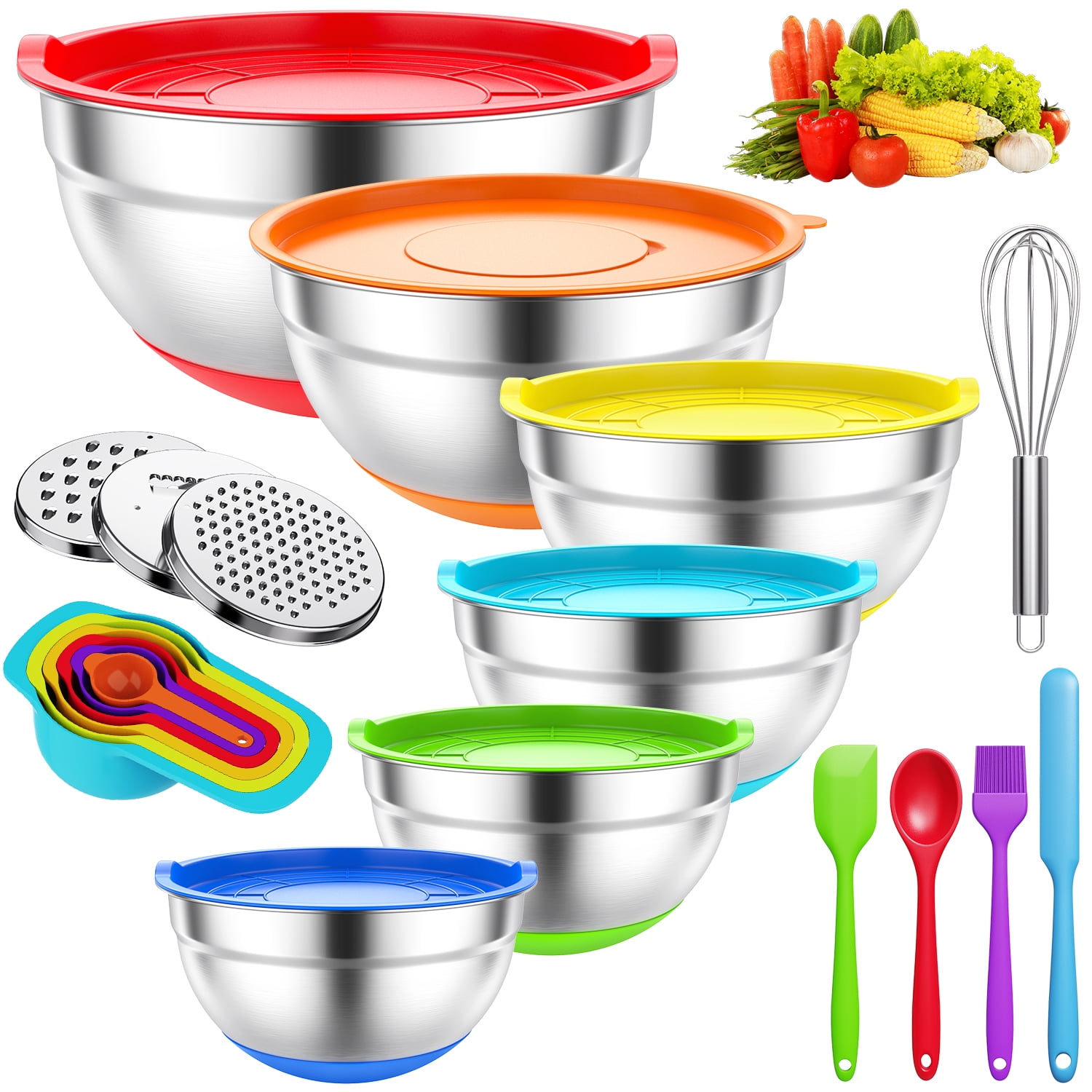 TINANA 26-Piece Stainless Steel Mixing Bowl Set with Lids and Kitchen Gadgets (Multicolor, 1.5 to 7 QT) tv1sf