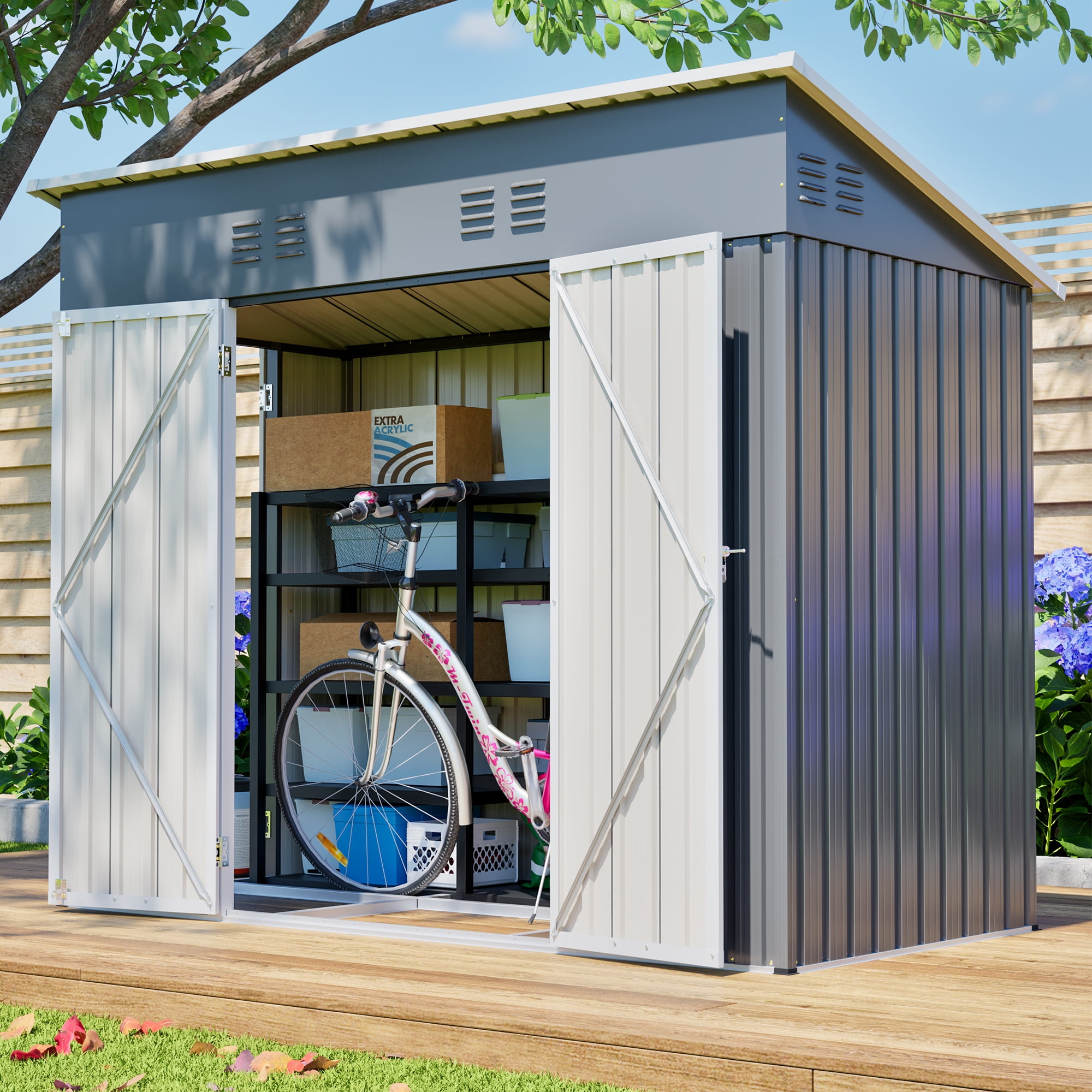 LZBEITEM Outdoor Metal Storage Shed, Weather-Resistant Garden Tool Shed with Galvanized Floor Frame (Grey, 8 ft x 4 ft) ere2c