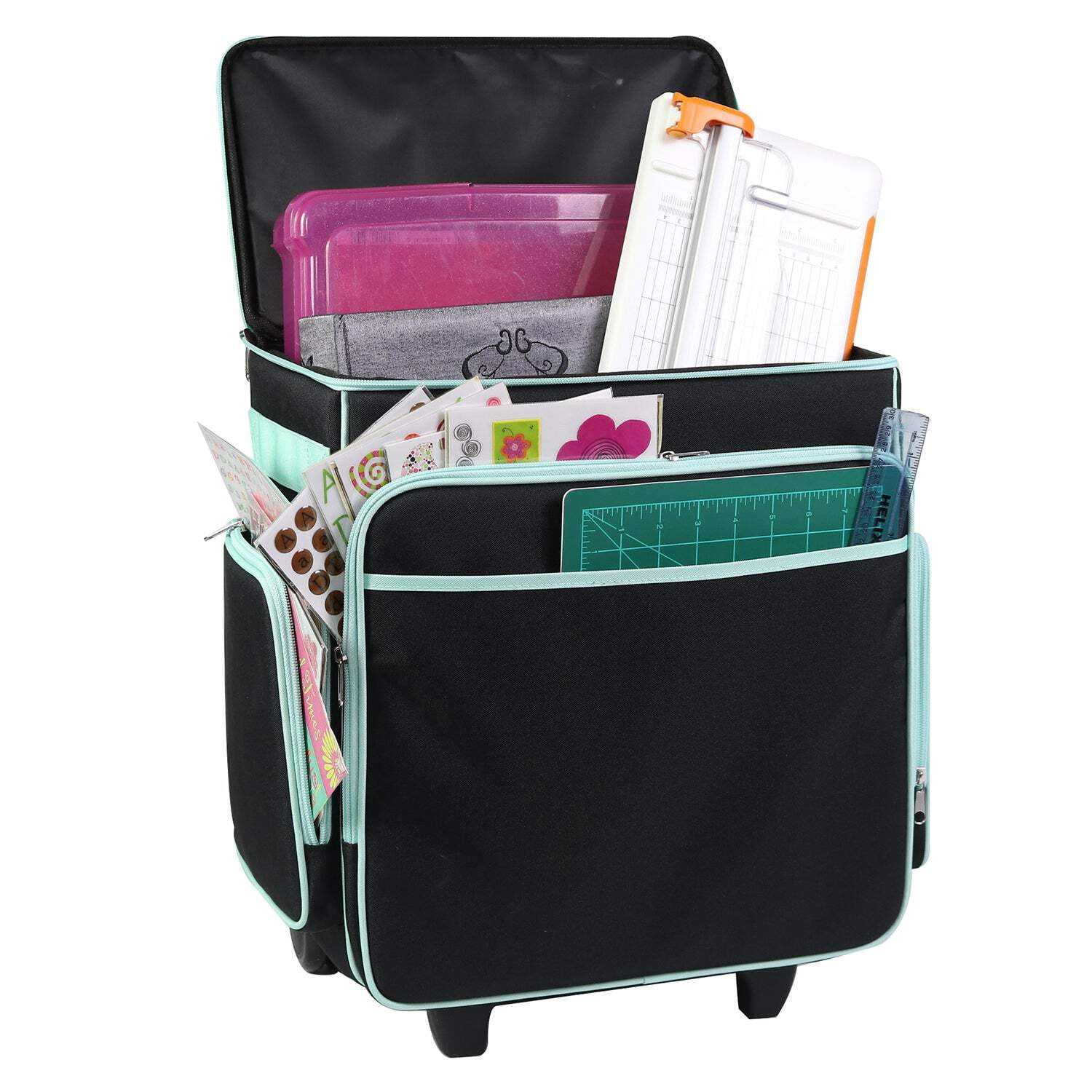Everything Mary Rolling Scrapbook Case, Portable Craft Organizer with Telescoping Handle and Wheels (Black/Teal, 18 in x 14 in x 10 in) 9d2lf