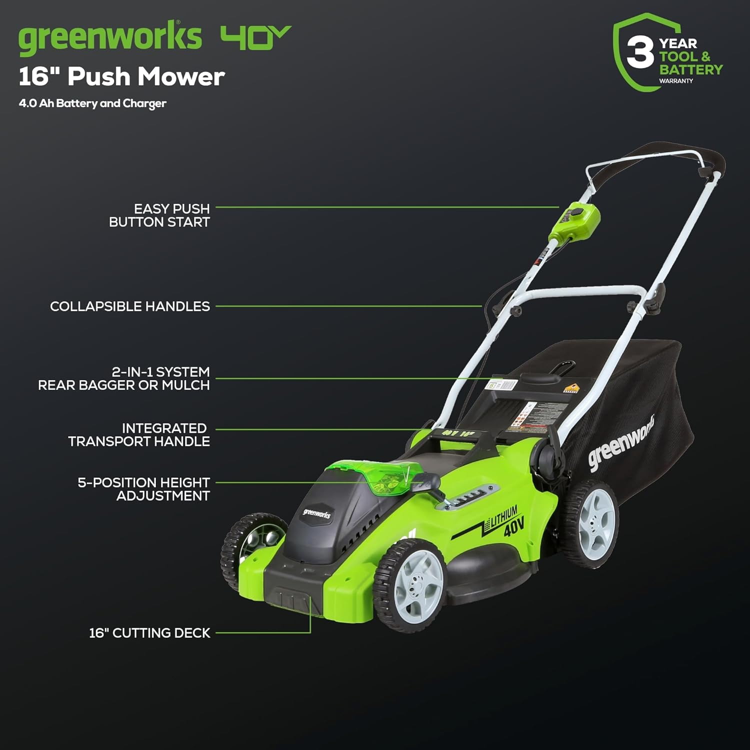 Greenworks 40V 16-inch Cordless Push Lawn Mower with 4.0 Ah Battery and Charger (Green, 16 in) 99ryg