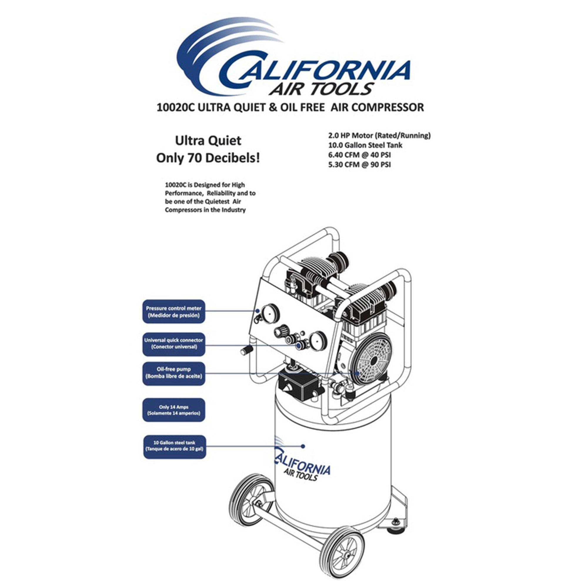California Air Tools 10020C Ultra Quiet Oil-Free Air Compressor (Silver, 10 Gallon) 2u7vn