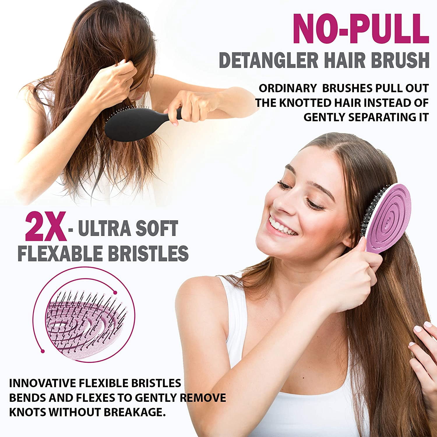 Fiora Naturals Hair Detangling Brush, Flexible Bristle Detangler for Smooth Hair (Pink, 1 Count) uawtq