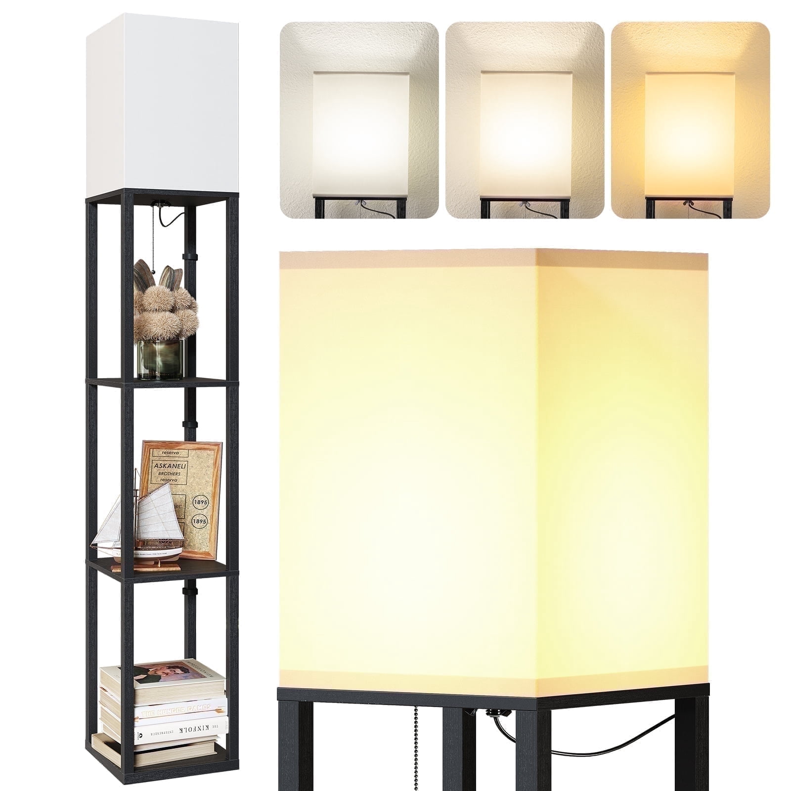 SUNMORY Floor Lamp with Shelves, Standing Lamp for Living Room and Bedroom, Modern Storage Shelf Lamp with LED Bulb (Black, 63 in) uk1io