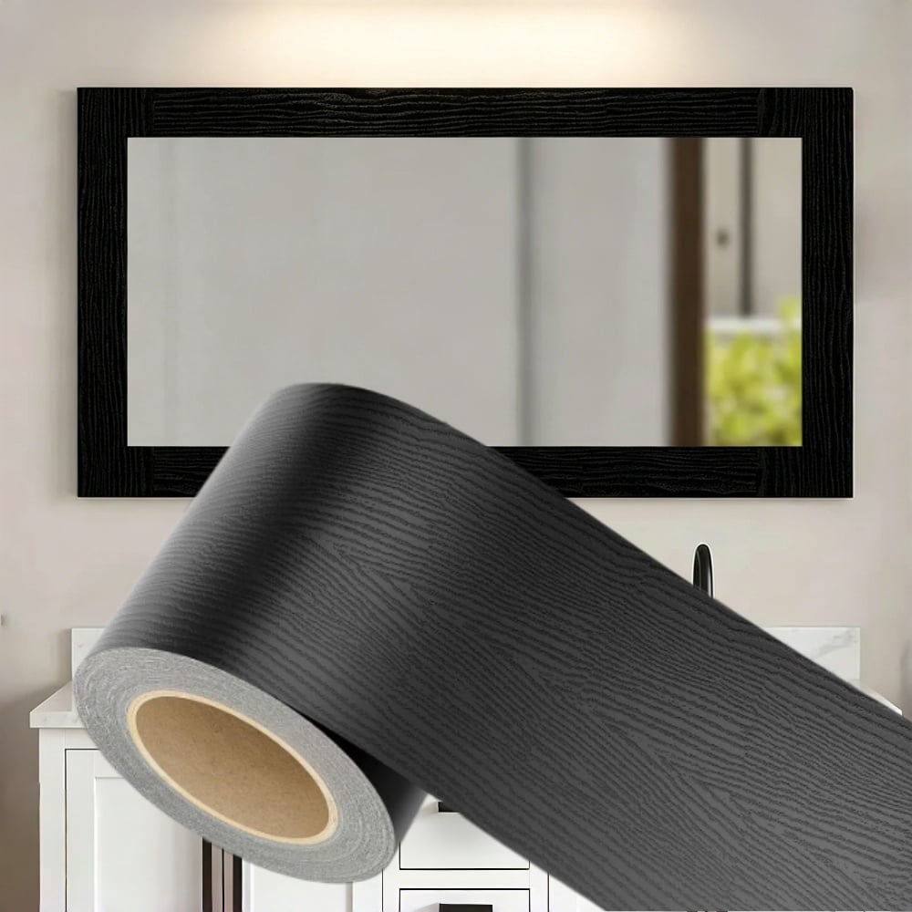 Manss Peel and Stick Wood Grain Border, Waterproof Self-Adhesive Mirror Frame Trim (Black, 3.93 in x 32 ft) 96g95