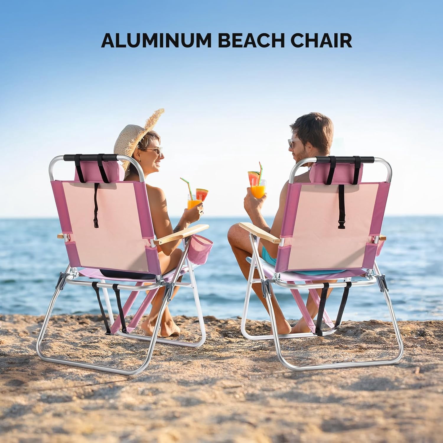 PEXMOR Portable Aluminum Beach Chair, 3-Position Reclining Backpack Chair with Cup Holder (Pink, 17 in Seat Height) ypuff