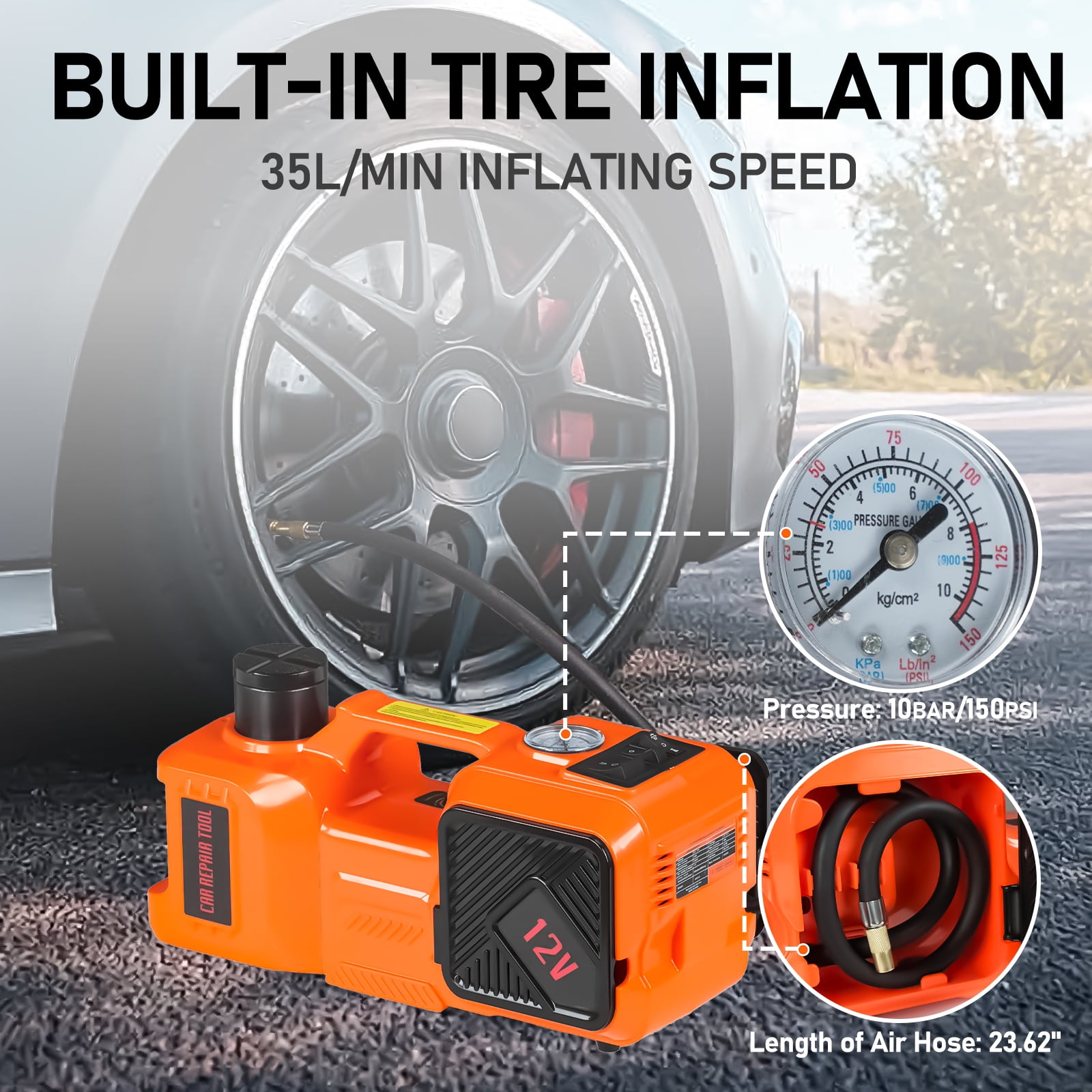 Ktaxon Electric Hydraulic Car Jack Kit, 5 Ton Lift Capacity with Impact Wrench, Tire Inflator, and LED Light (Red, 11023 lb) 7v44g