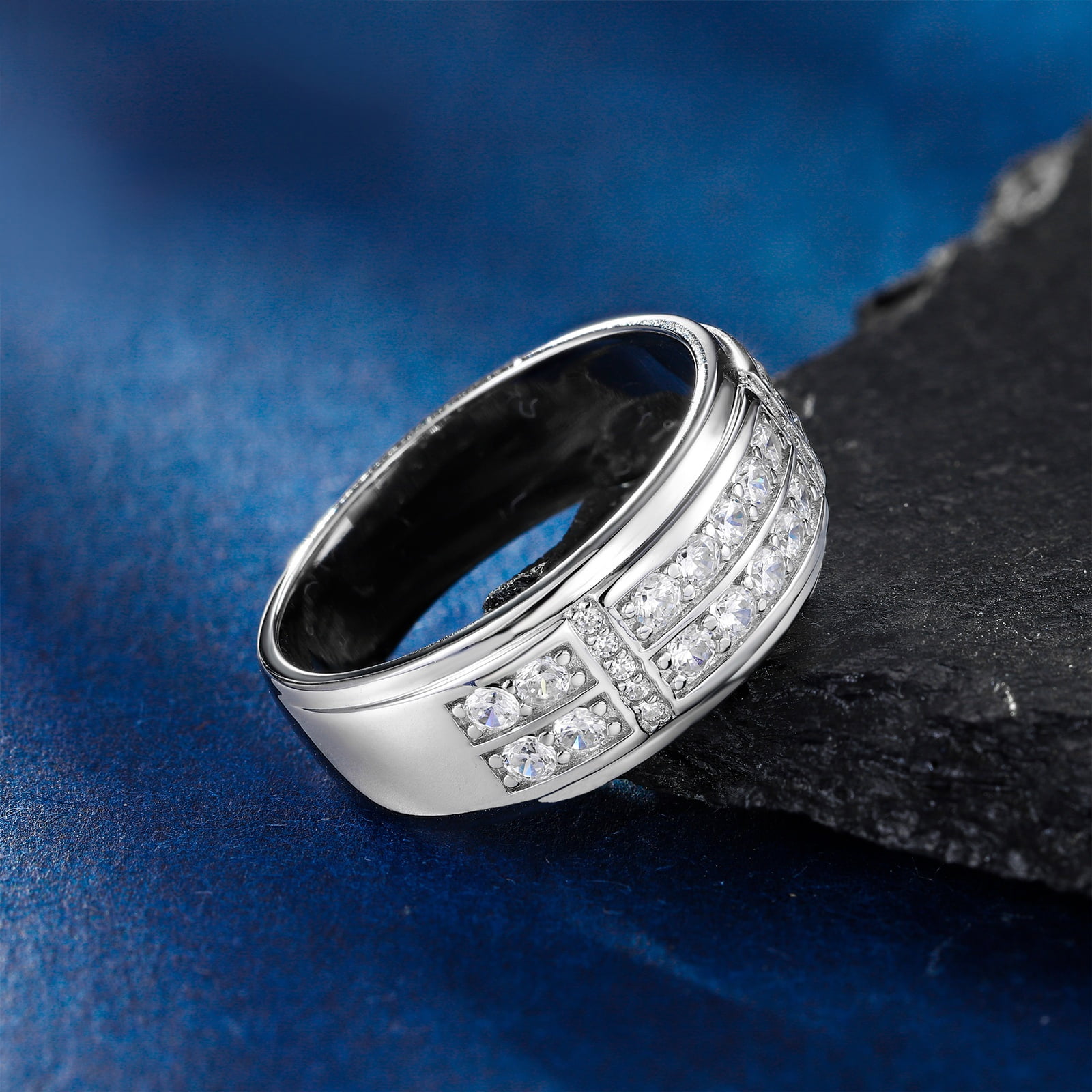 SFTING Men Wedding Band 925 Sterling Silver 2 Row Round Cut 5A CZ Promise Ring (Silver, Size 9) 8yw2r