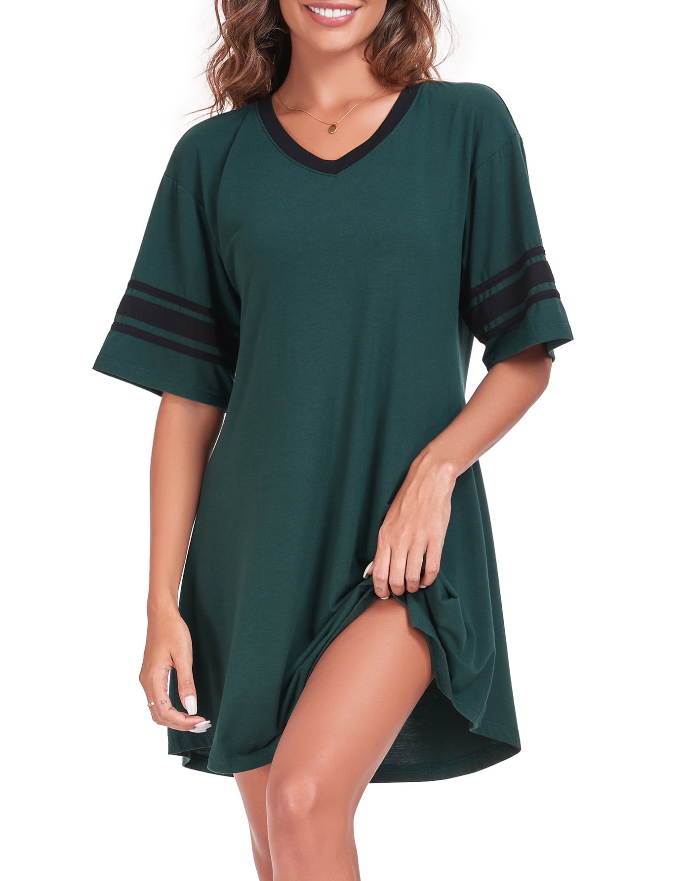 DreamFish Womens Nightgown Short Sleeve V-Neck Sleepshirt Loungewear (Green, M) y4w5a