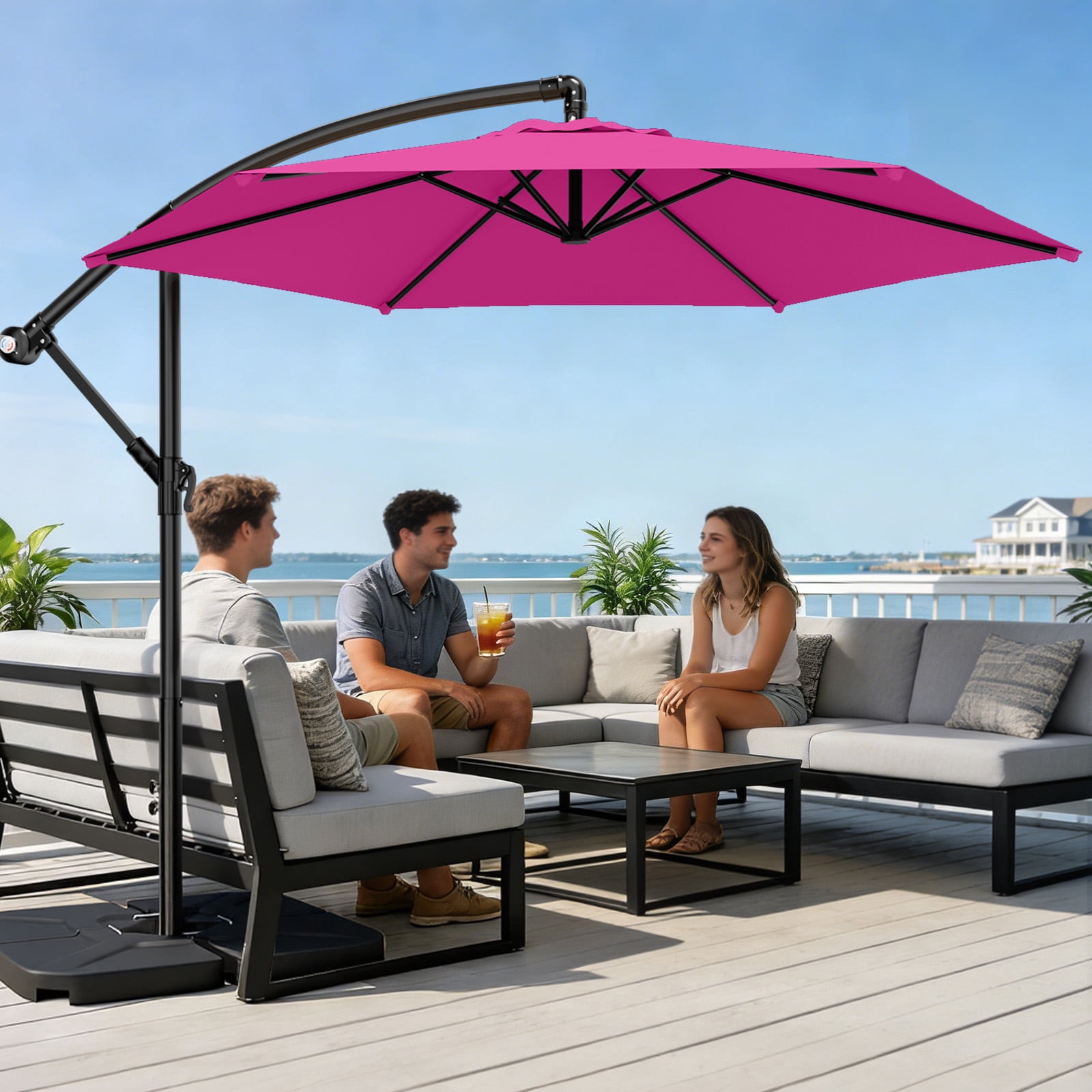 Easthome 10ft Offset Hanging Patio Umbrella with Tilt Adjustment and Wind Vent (Pink, 10 ft) x3qt1