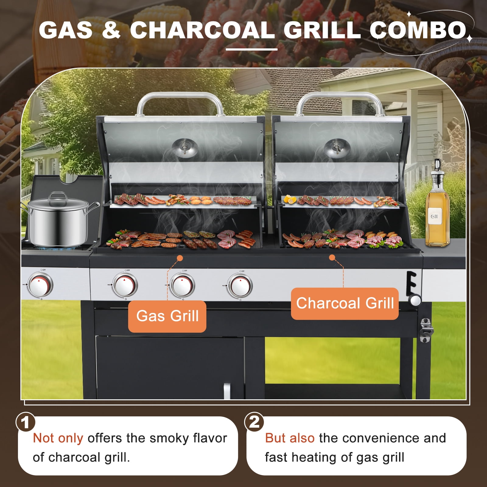 Nice Cooker Gas and Charcoal Combo Grill with Side Burner, Porcelain-Enameled Cast Iron Grates, Outdoor BBQ Grill with Storage Cabinet (Black, 37,230 BTU) wd8ti